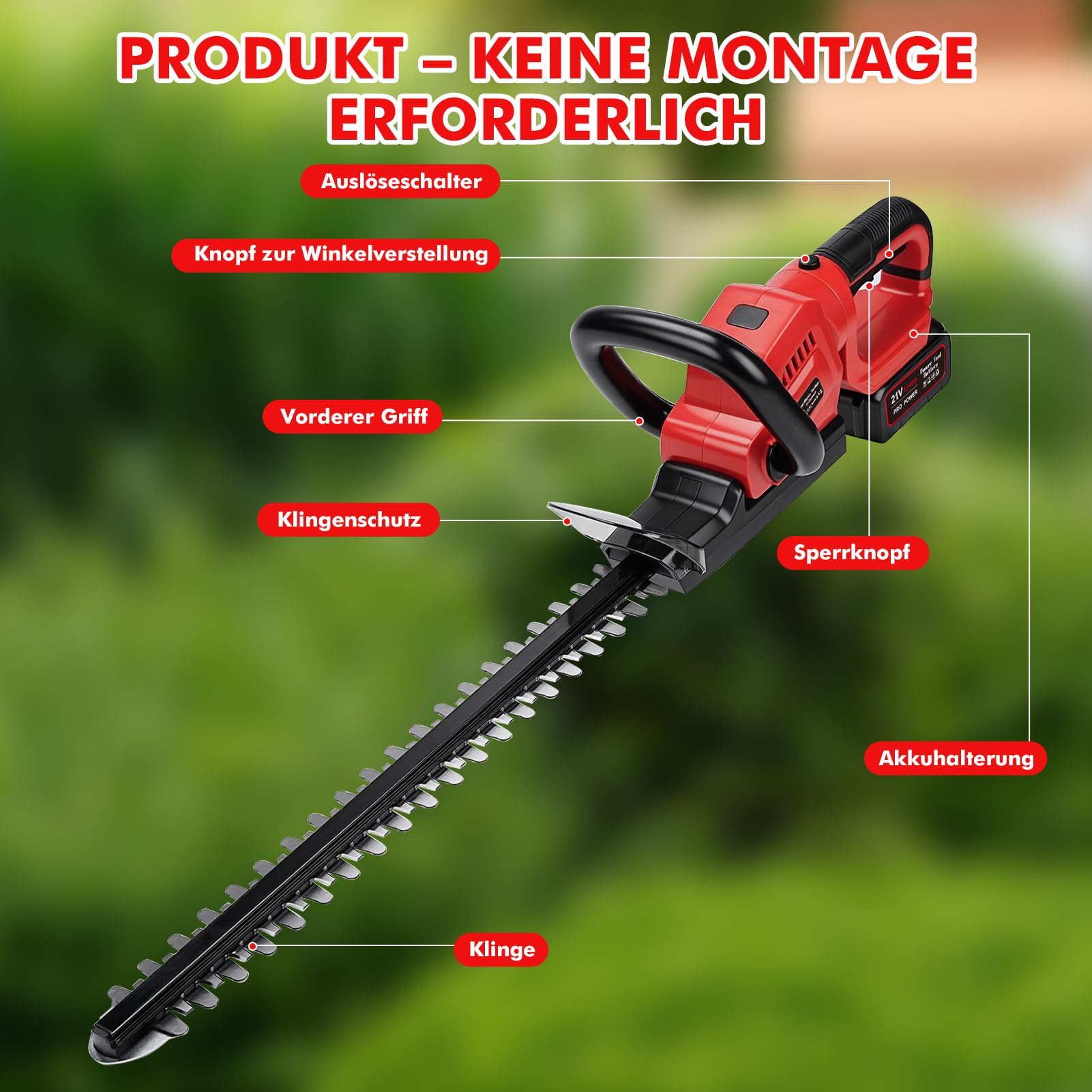 Heckenschere Akku, 21V 850W Elektrischer Heckenschneider mit 20 Zoll Klinge, 18 mm Zahnabstand, für Garten, Sträucher und Hecken, Sicherheitsdoppelschalter und 180° Drehbarem Griff (2 Akkus)