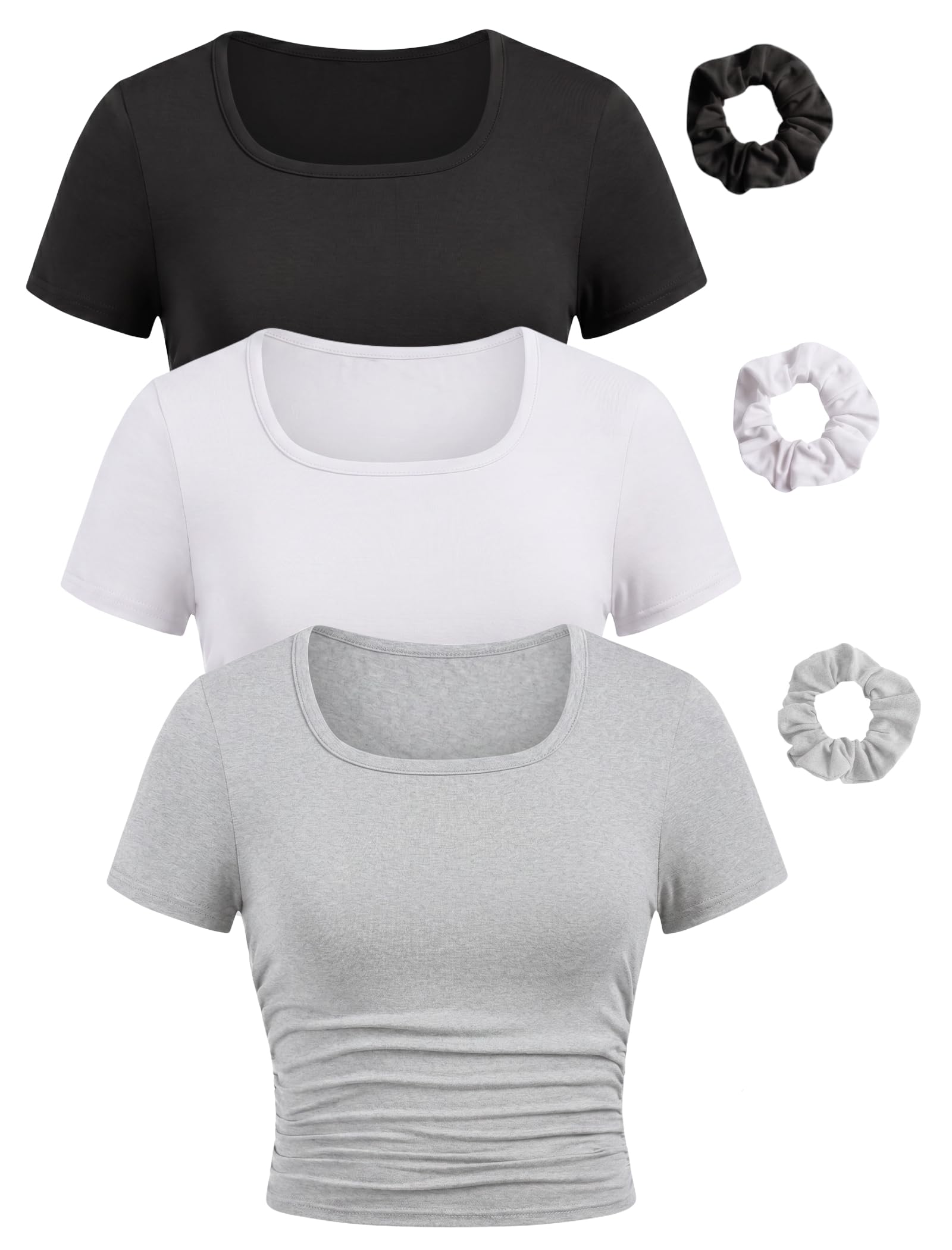 EXARUS Confezione da 3 magliette da ragazza ritagliate slim fit a maniche corte morbide di base Crew/Mock/Collo quadrato Tees Side Waist Increspato Top