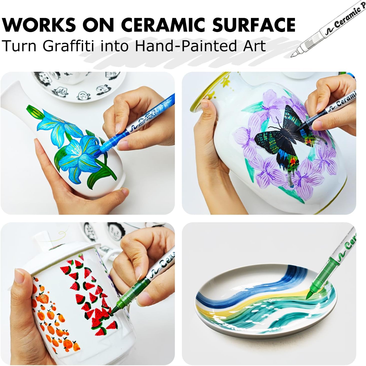 Guangna 12 Colors Permanent Ceramics Paint Pens, 1-8mm Brush Tip Porcelain Markers, Arcylic Paint Markers Waterproof & Fade Resistant, Suitable for Wine, Mugs, Christmas Art, Unglazed Ceramics