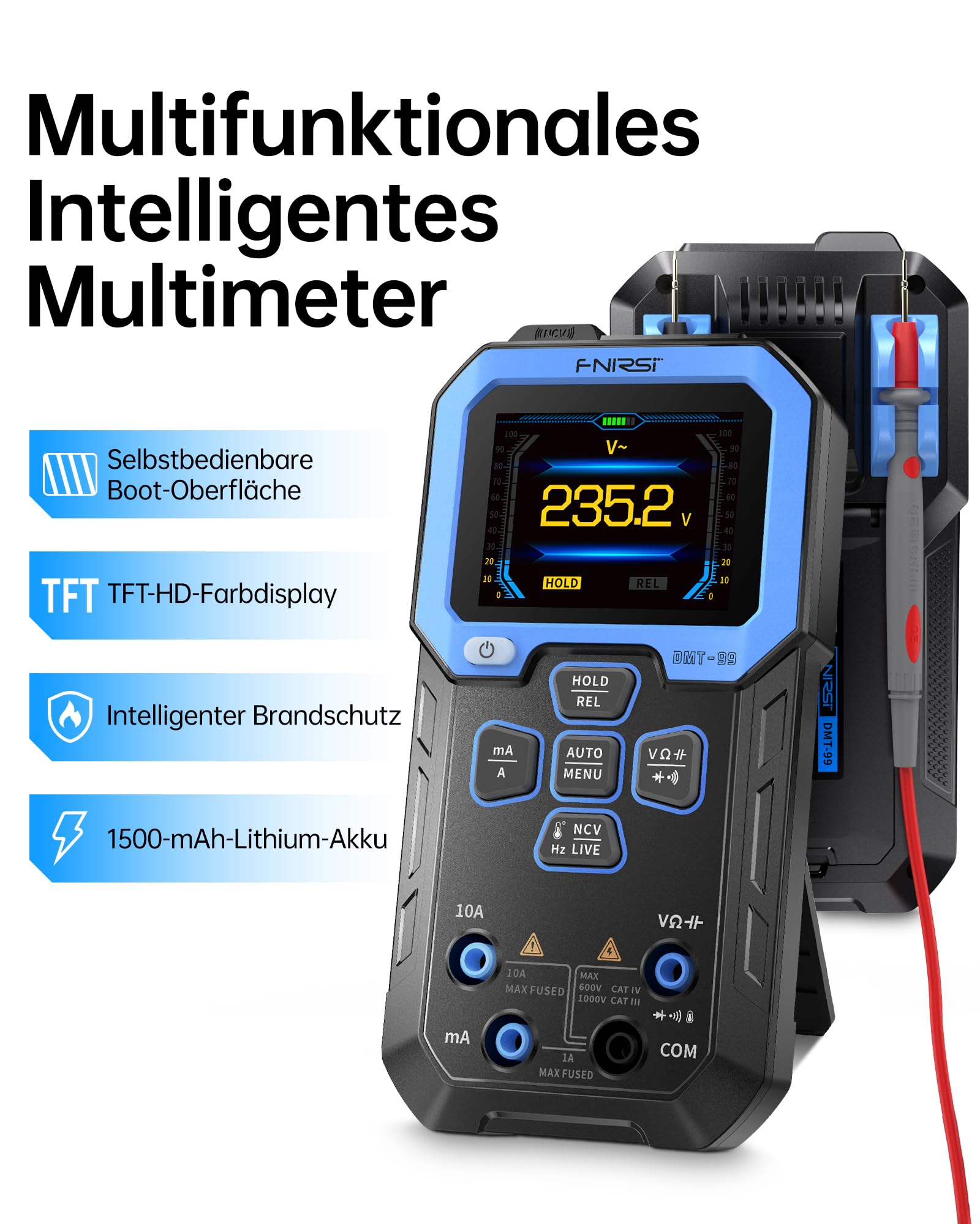 FNIRSI DMT-99 Digital Multimeter mit 9999 Counts, TRMS, Wiederaufladbarem Voltmeter mit Automatischer Bereichswahl, Aufzeichnungs und Überwachungsmodus, Widerstands, Kapazitäts, Dioden, Frequenz, NCV