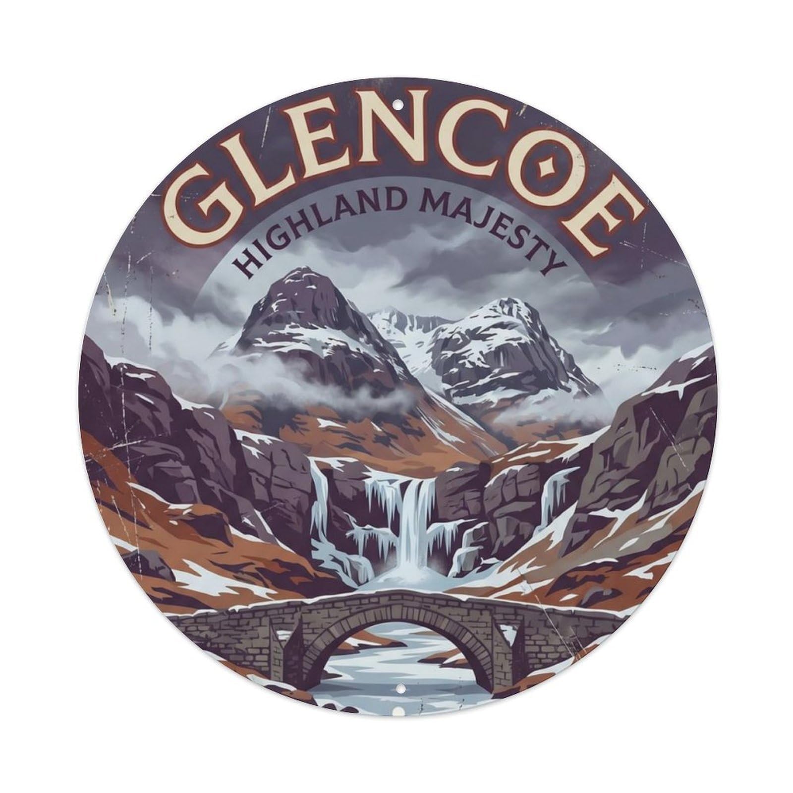 Vintage Travel Glencoe Scotland Highlands Metal Tin Sign Plaque Wall Decor for Cafe, Club Bar, Office, Home Garden Round Metal Poster 8x8Inch