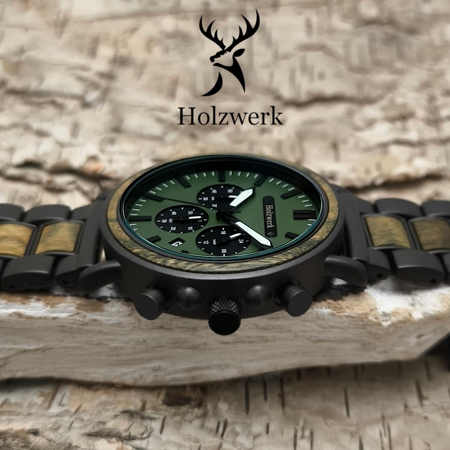 Holzwerk Germany Ręcznie wykonany designerski zegarek męski ekologiczny naturalny drewniany zegarek chronograf bransoletka zegarek analogowy zegarek kwarcowy zielony brązowy czarny data drewno,