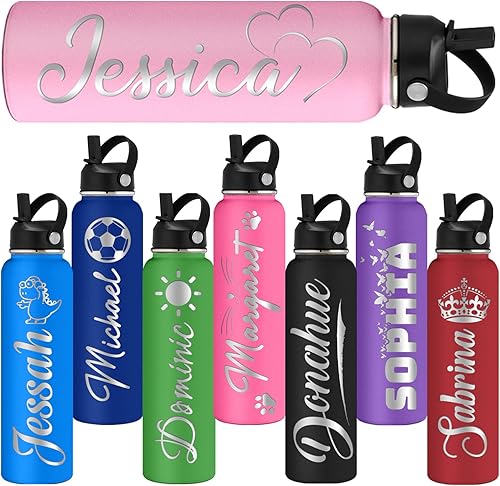 Botellas de agua personalizadas de acero inoxidable con tapa de pajilla, botella de agua deportiva aislada de 40 onzas con nombre grabado para