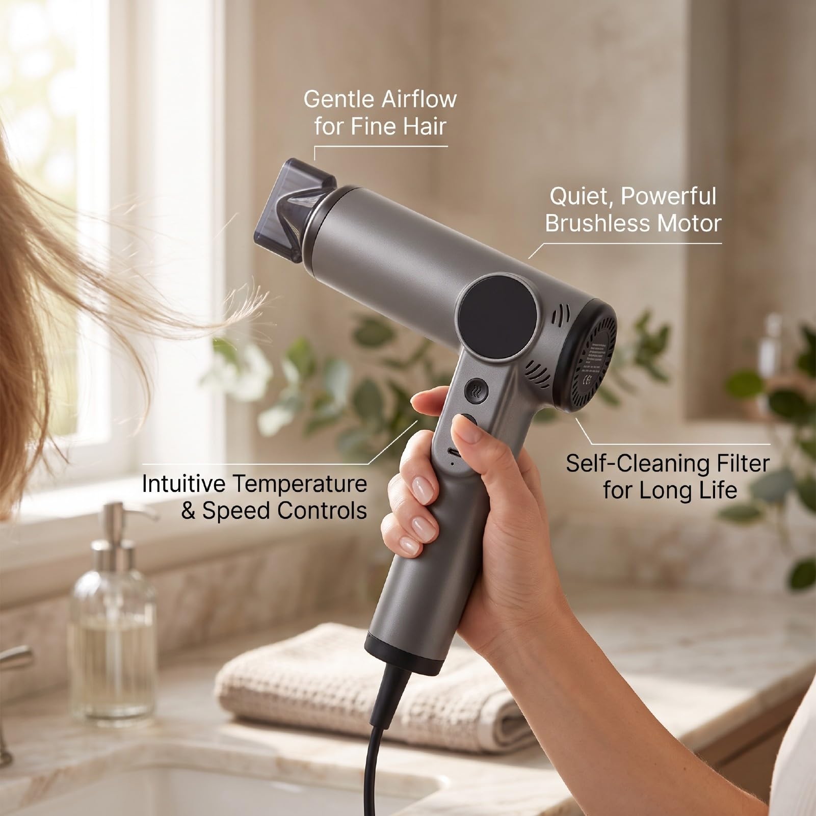 Asciugacapelli Cordless da 200 W con 4 Livelli di Calore, USB (GRAY)
