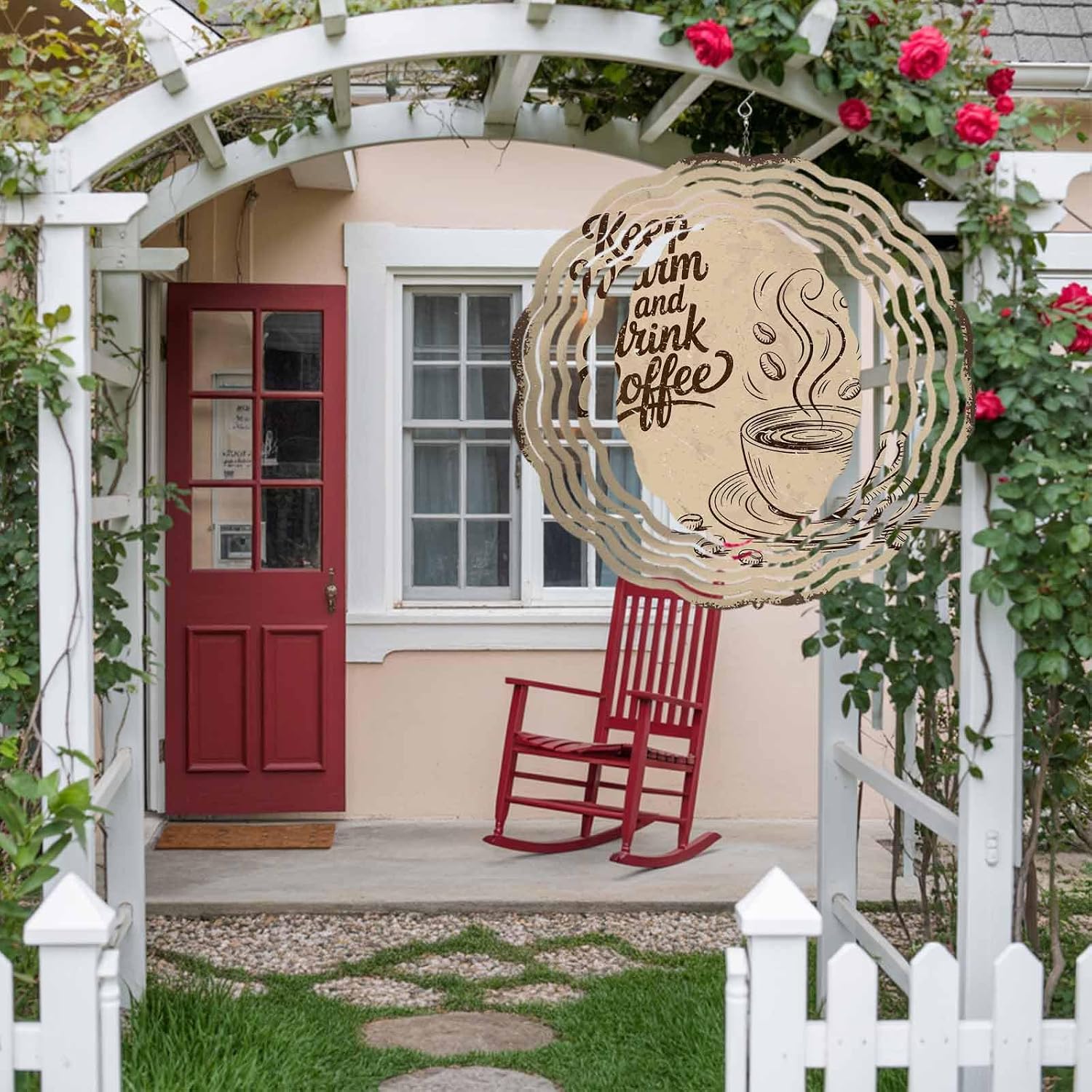 Farmhouse Wind Spinner 12 Inch Keep Warm and Drink Coffee Vintage Mottled Brown Wind Spinners Outdoor 3D Stainless Steel Hanging Sculpture Decorations Gift for Garden Yard Porch Balcony