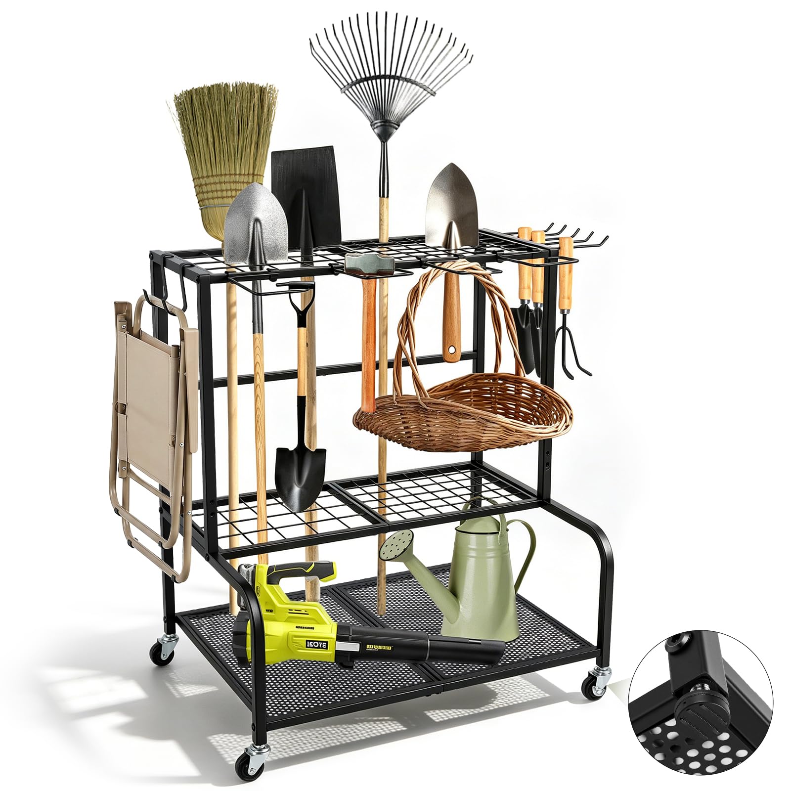 Soporte de almacenamiento para herramientas de jardín, 61 x 41 x 66 mm, soporte para herramientas de jardín para 78 herramientas de mango largo, gestión de garaje con 11 ganchos y ruedas