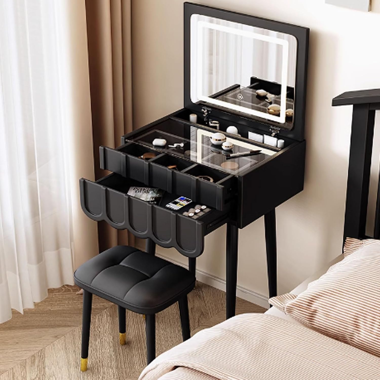 Small Vanity Table, Vanity Table with Drawers, Vanity with Mirror and Stool, Dressing Table with 3-Color Lighting Small Footprint E1 Engineered Wood for Makeup Room(Black,50x40x118cm)