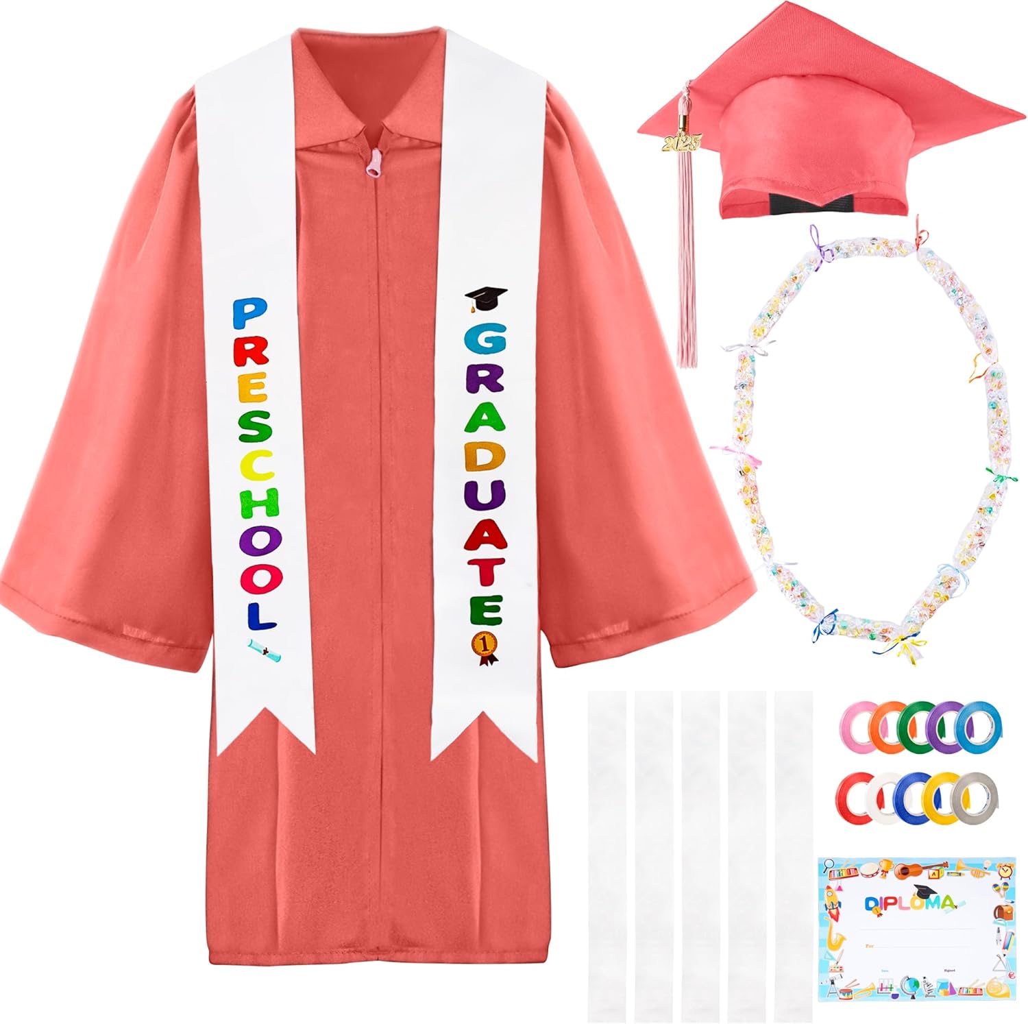 Unisex Kids Kindergarten Graduation Gown Cap Tassel Stole Preschool Graduation Gown Robes Certificate for Boy Girl