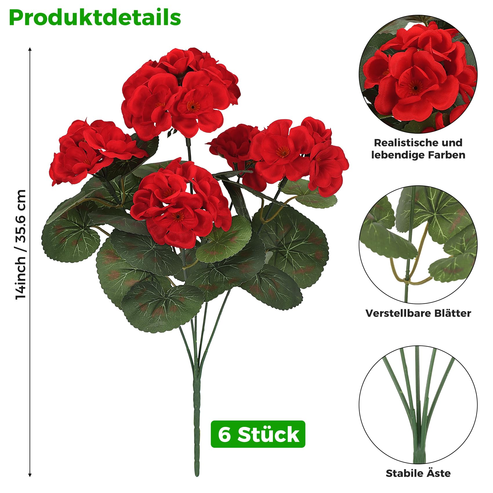 BlueCloudy Künstliche Blumen 6 Bündel Geranien Künstliche Pflanzen Kunstblumen Wie Echt Seidenblumen im Freien und Innen, UV-beständige Kunstpflanze Outdoor Wetterfest für Draußen Balkon Garten Tisch - 3