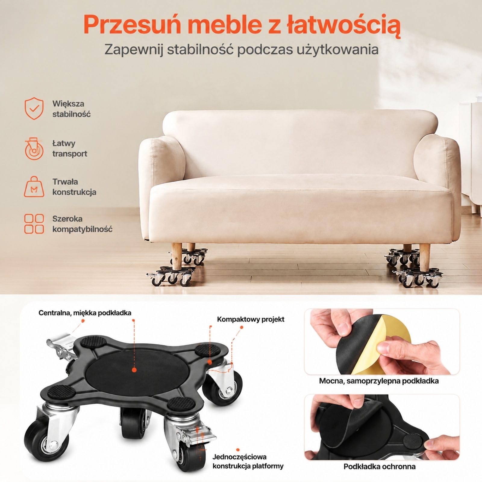 Zestaw 4 wózków meblowych z 5 obrotowymi kółkami, stalowy transporter do sofy, lodówki i pralki, z łomem, podkładkami, rękawicami i torbą