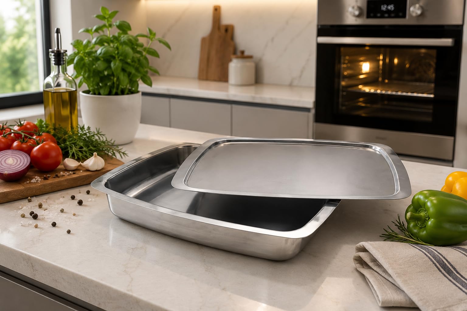 Inoxriv, IoBio Cuoci e Servi Pirofila da Forno con Coperchio Doppia Teglia, Acciaio Inox 18/10, Made in Italy