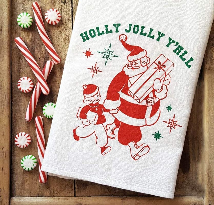 Christmas Clearance Holly Jolly Y'all Tea Towel Santa Claus