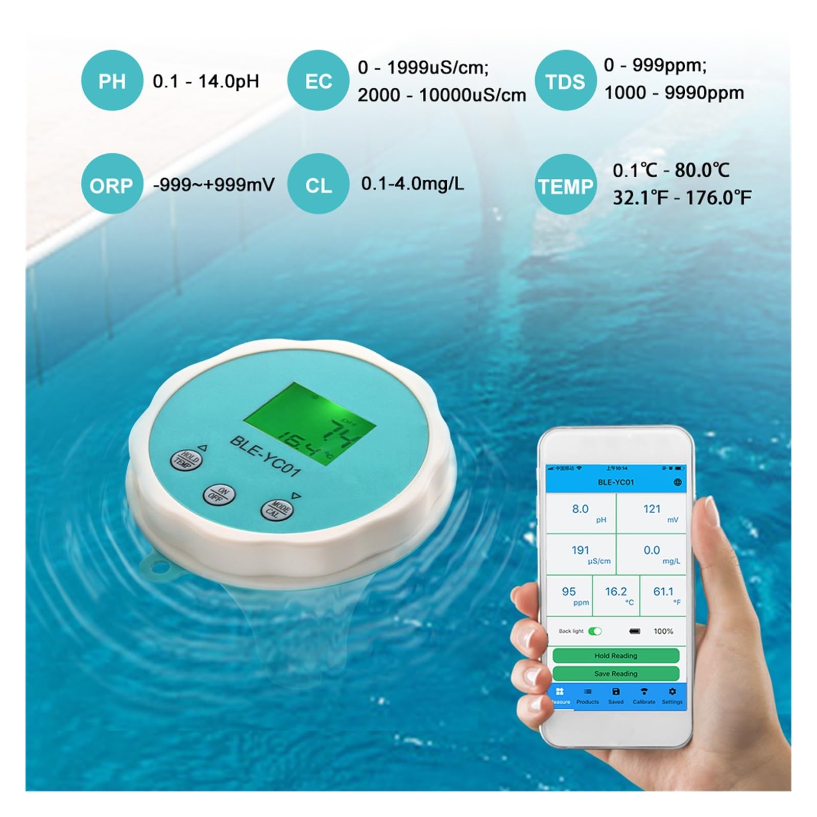 Detector de calidad del agua 6 en 1, PH EC TDS ORP CL, calibración temperatura, probador y cloro, aplicación Monitor línea for piscina, Probador preciso