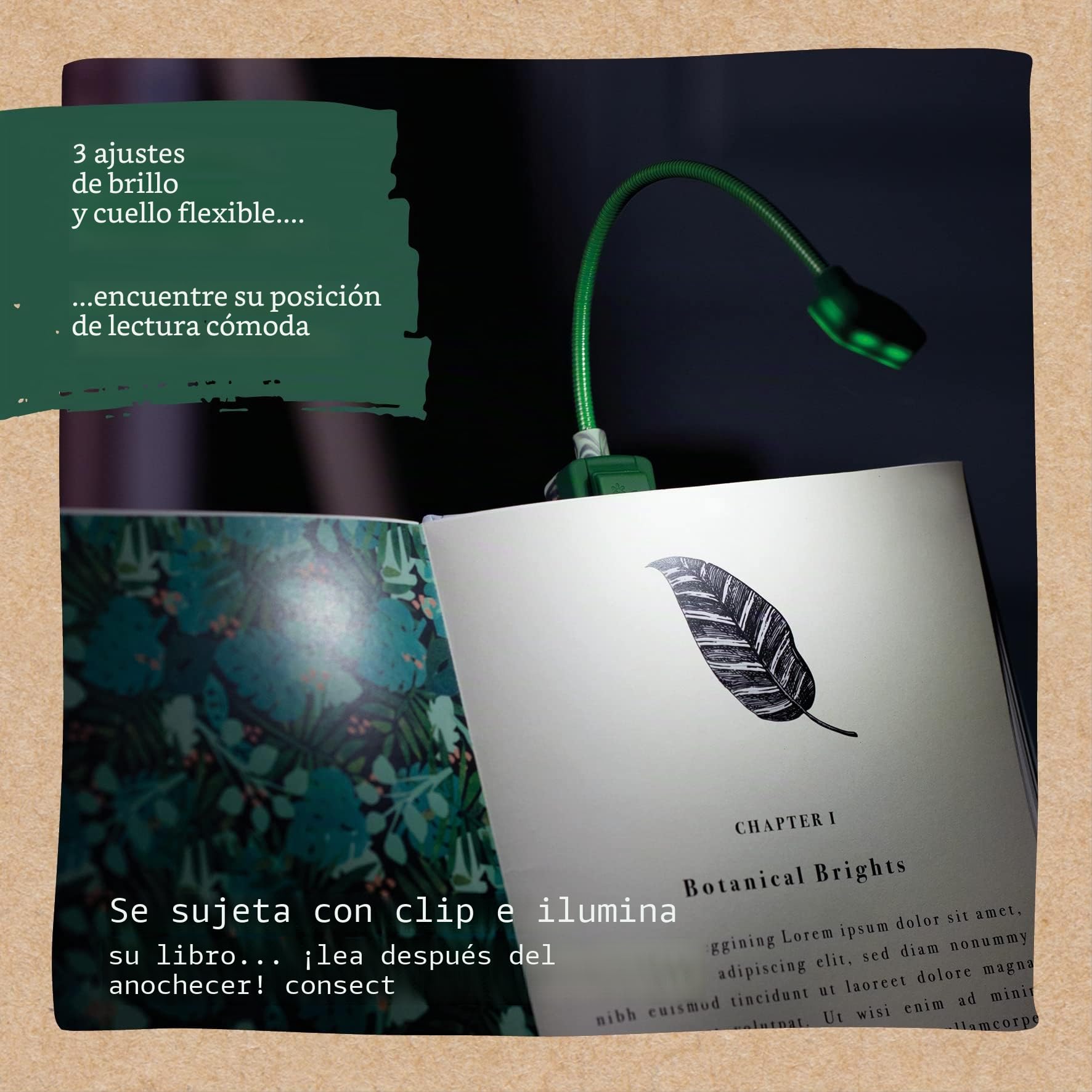IF Luz de lectura para amantes de los libros, botánica, verde