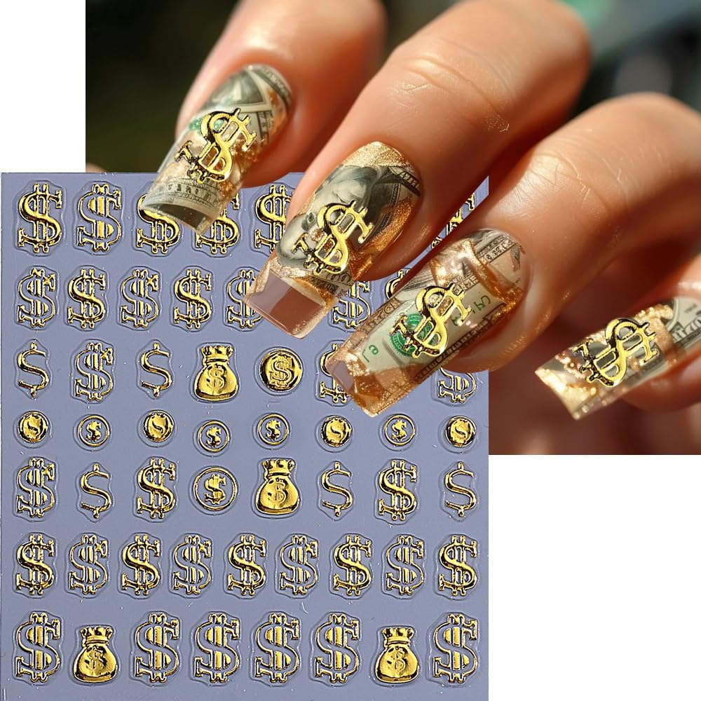 5D Gold Nail Stickers for Nail Art, Exquisite Embossed Nail Decals 1PCS Expensive Golden Dollar Design Self Adhesive Decal Manicure Supply for Women DIY Nail Art Decorations