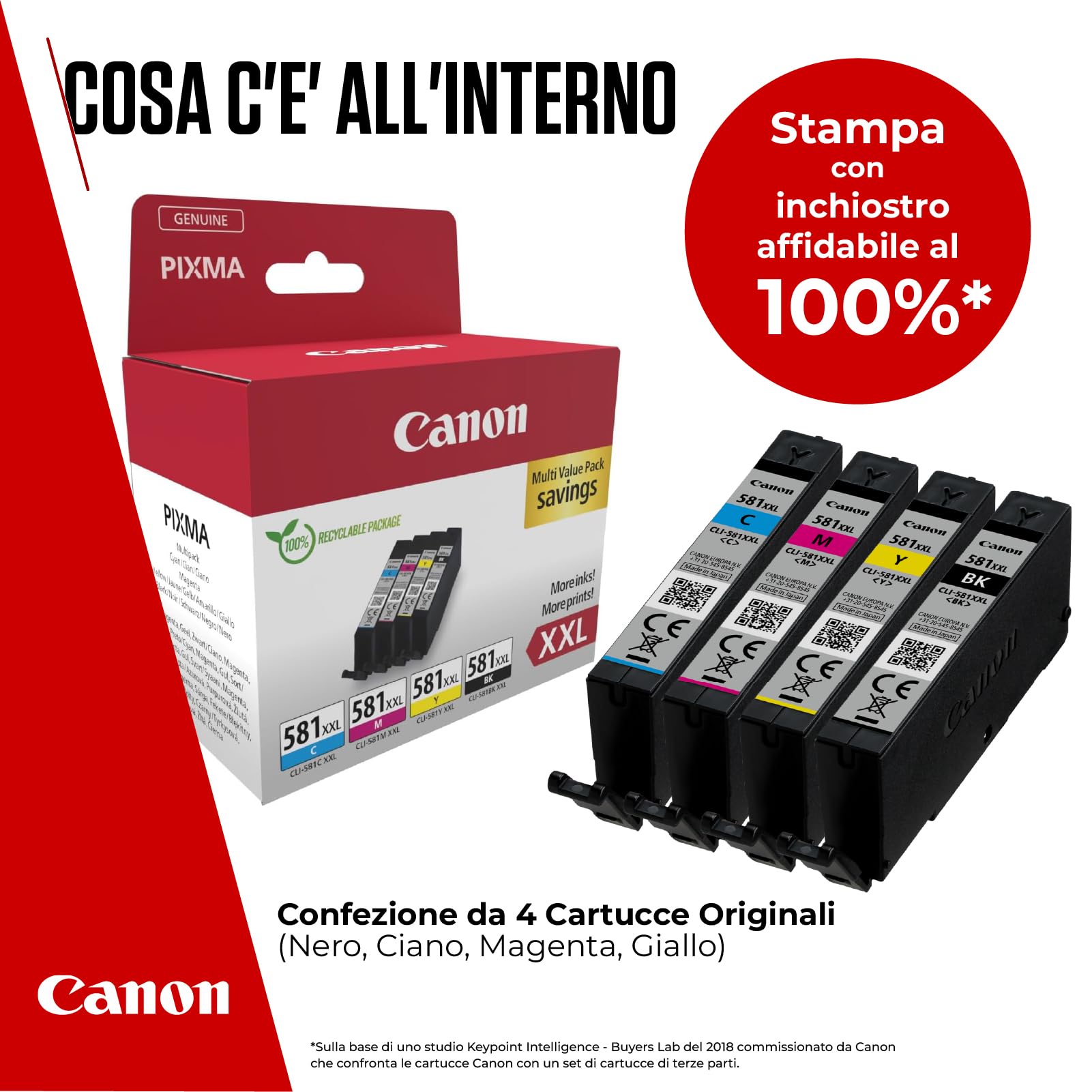 Canon CLI-581 XXL C M Y BK Confezione da 4 Cartucce d'inchiostro capacità XXL (Nero XXL Ciano XXL Magenta XXL Giallo XXL) Originale, Cartone Riciclabile 2024