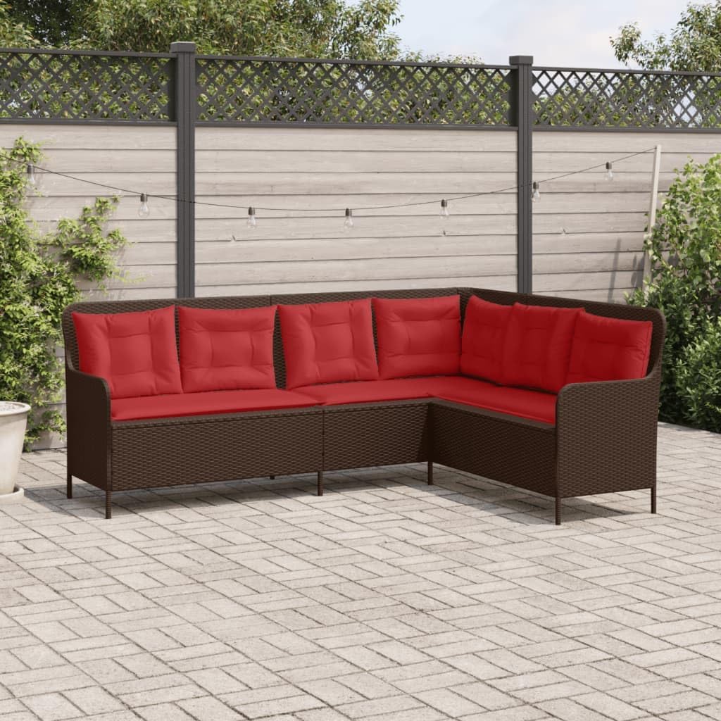 vidaXL Patio Sofa with Cushions - L-Shaped Corner Couch, Outdoor Lounger in Brown Poly Rattan - UV, Powder-Coated Steel Frame - Ideal for Garden, Terrace, Patio - Brown/Red, 5-Seater