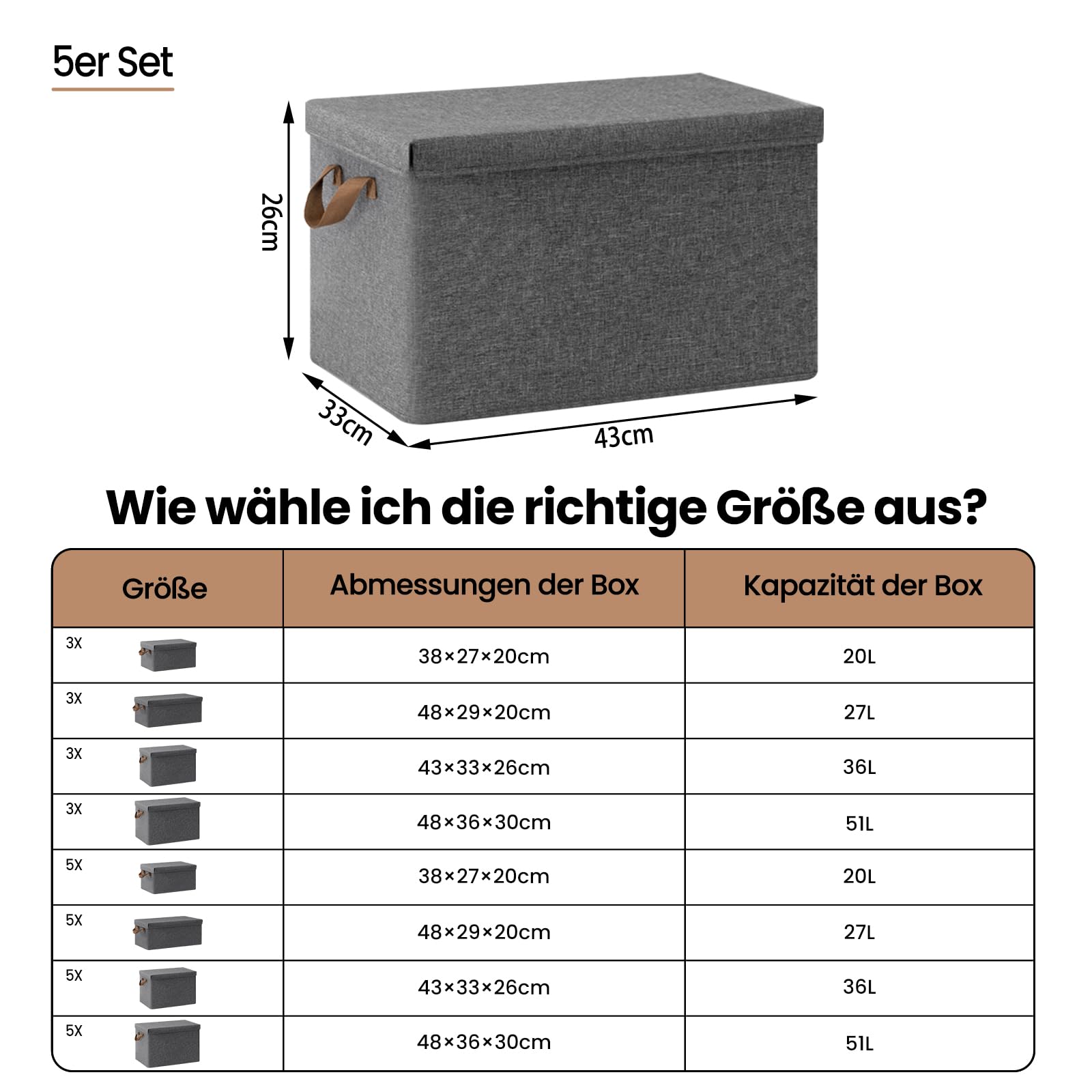 WOLTU Aufbewahrungsbox mit Deckel 5 Stück, aus Polyesterstoff, für Schlafzimmer, Arbeitszimmer, Wohnzimmer, Organizer Box mit Griffen, faltbar, Grau, 43x33x26 cm
