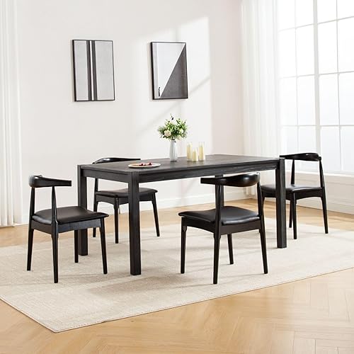 Miniatura 9 de Juego de 2 sillas de comedor negras de cuero con patas de madera y respaldos de barril, sillas de comedor modernas de mediados de siglo