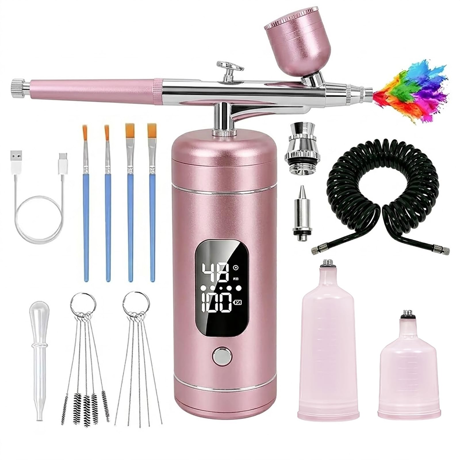 Kit d'aérographe sans fil avec compresseur, haute pression 48 psi, rechargeable 6000 mAh, 3 vitesses réglables, buses de 0,2/0,5 mm et 3 tasses, non obstruant pour gâteaux, modèles, maquillage