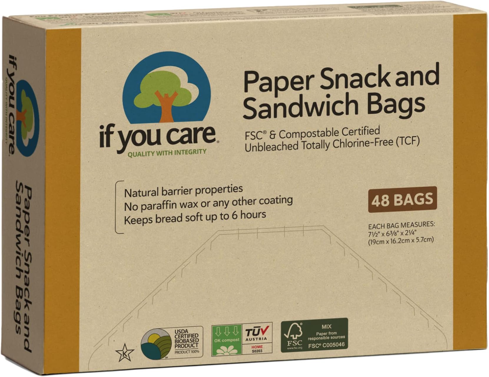If You Care 100% Unbleached Paper Sandwich And Snack Bags 48 Count Packages Pack of 6 Multi