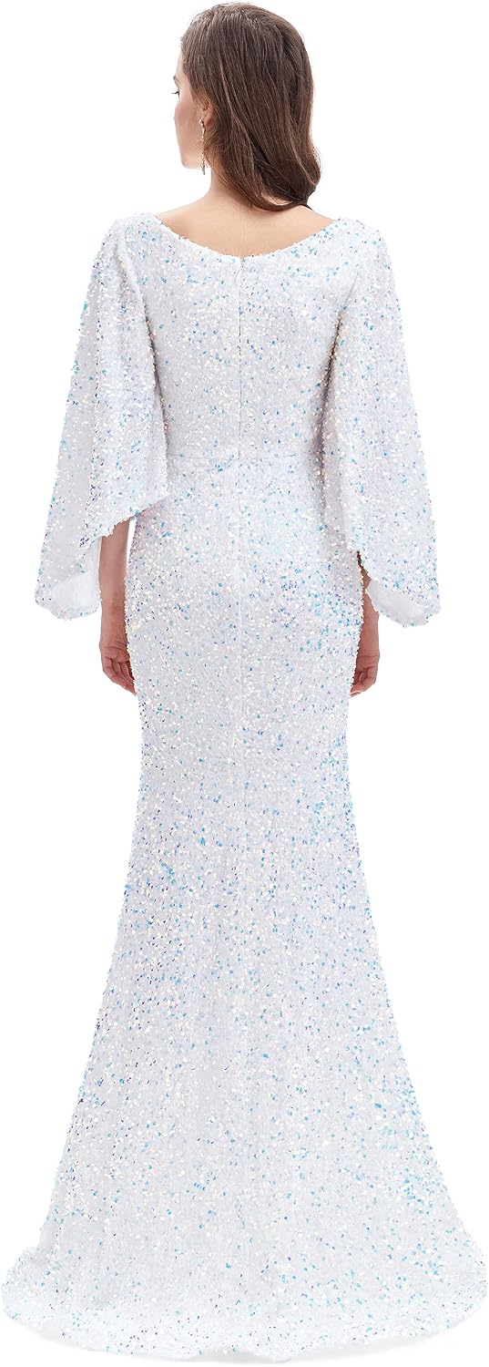 Women's V-Neck Sequins Mermaid Evening Dress with Sleeves