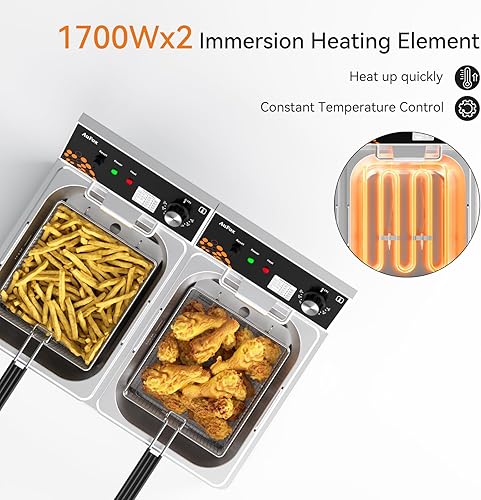 Miniatura 3 de Freidora comercial 20L21Qt Freidora de encimera de doble tanque de 0.039 in de grosor de acero inoxidable 3400 W Freidoras de inmersión eléctrica
