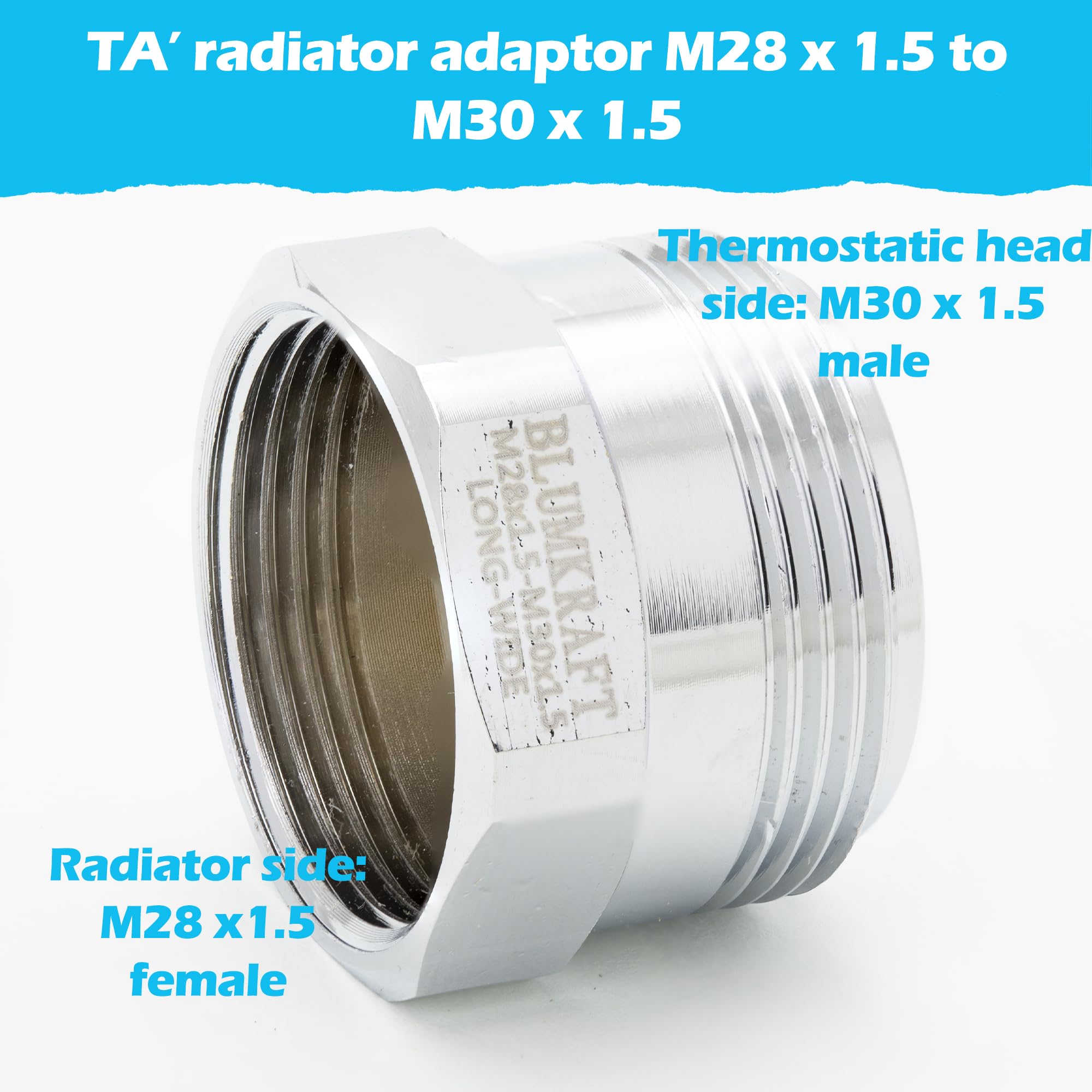 BLUMKRAFT Metal Adapter for TA Radiators M28 x1.5 to M30 x 1.5 for Thermostat/Thermostatic Head M30 x 1.5 Male (M28 Longwide) - Image 2