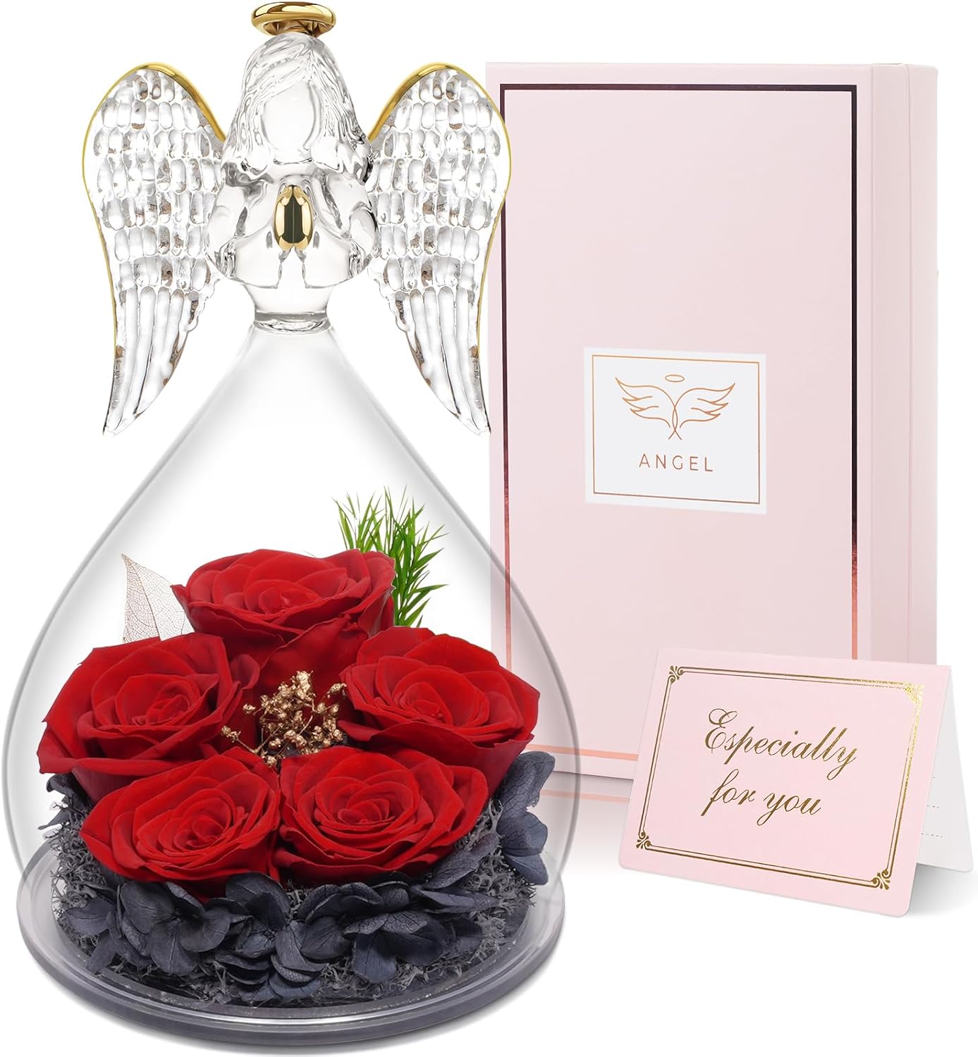 Yamonic Mom Birthday Gifts for Mom Women, Glass Angel Figurines with Five Real Rose Gifts for Her Mom Grandma, Preserved Flowers Rose Angel Gifts for Mothers Day Christmas Anniversary Birthday (Red)