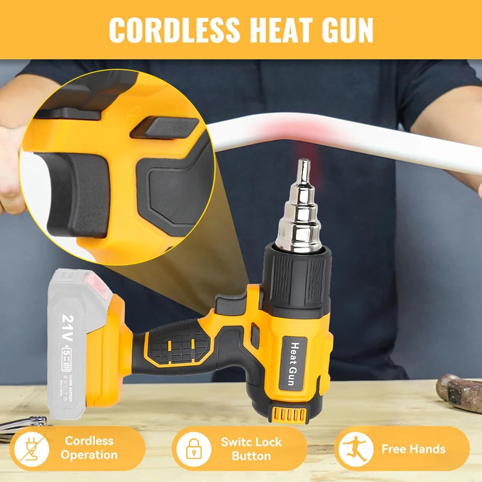 Pistola de calor inalámbrica con 3 boquillas, control de volumen de aire de 6 velocidades, temperatura ajustable de 50 a 500 °C, calentamiento rápido para profesionales y proyectos de bricolaje