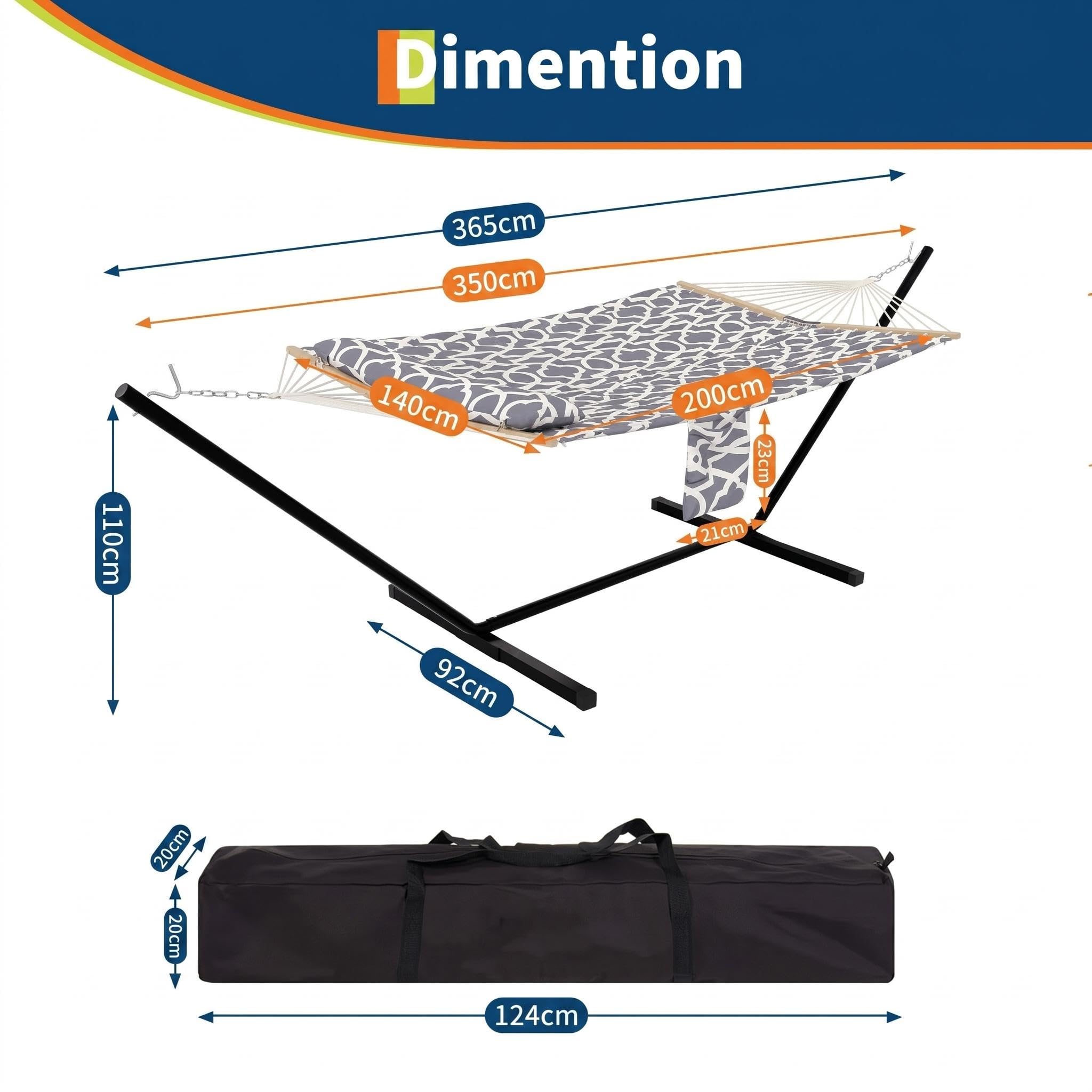 Doppel-Hängematte mit Gestell – Belastbar bis 204 kg – XXL Hängematte für 2 Personen – Wetterfestes Stahlgestell inkl. Kissen & Tragetasche – Ideal für Garten, Terrasse & Camping – Hellgrau