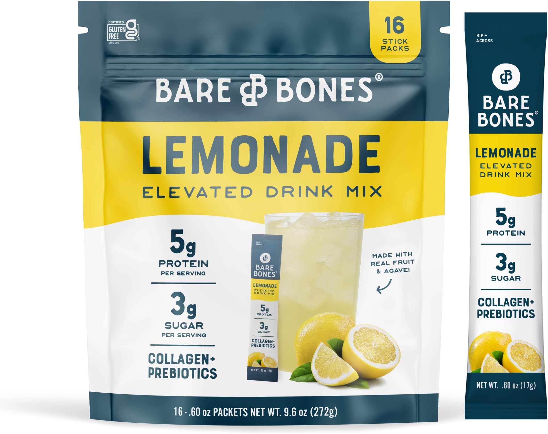 Lemonade Elevated Drink Mix | Light & Flavorful | Gluten-Free & Naturally Sweetened | On-the-Go Stick Single-Serve Packs Powdered Refreshment | 5g Protein | 16 Packets (.60 oz)
