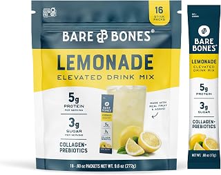 Bare Bones Lemonade Elevated Drink Mix | Light & Flavorful | Gluten-Free & Naturally Sweetened | On-the-Go Stick Single-Serve Packs Powdered Refreshment | 5g Protein | 16 Packets (.60 oz)
