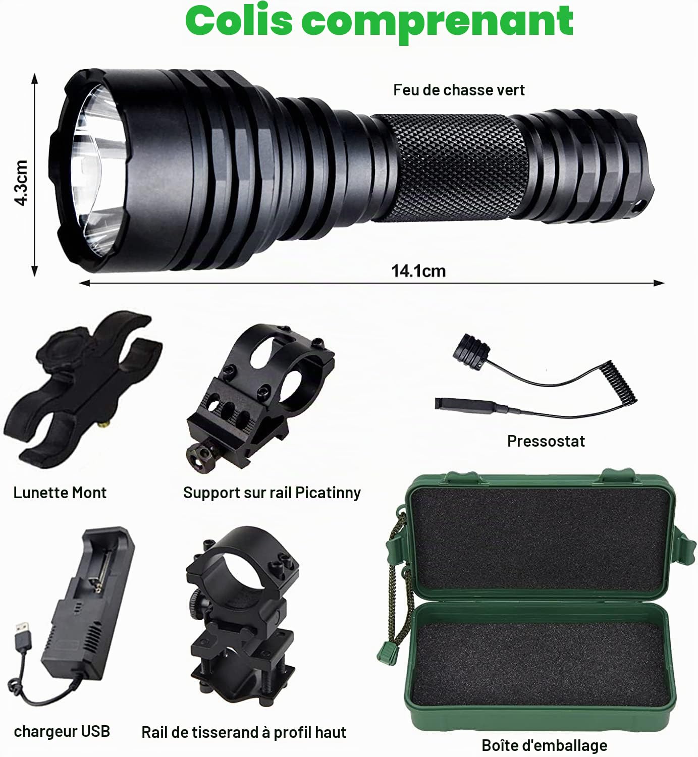 VASTFIRE Puissante Lampe de Chasse verte 1200 Lumens 500 Yards, Lampe de Poche Prédateur Adaptée aux Porcs, Lapins, Coyotes et Chasseurs de Porcs