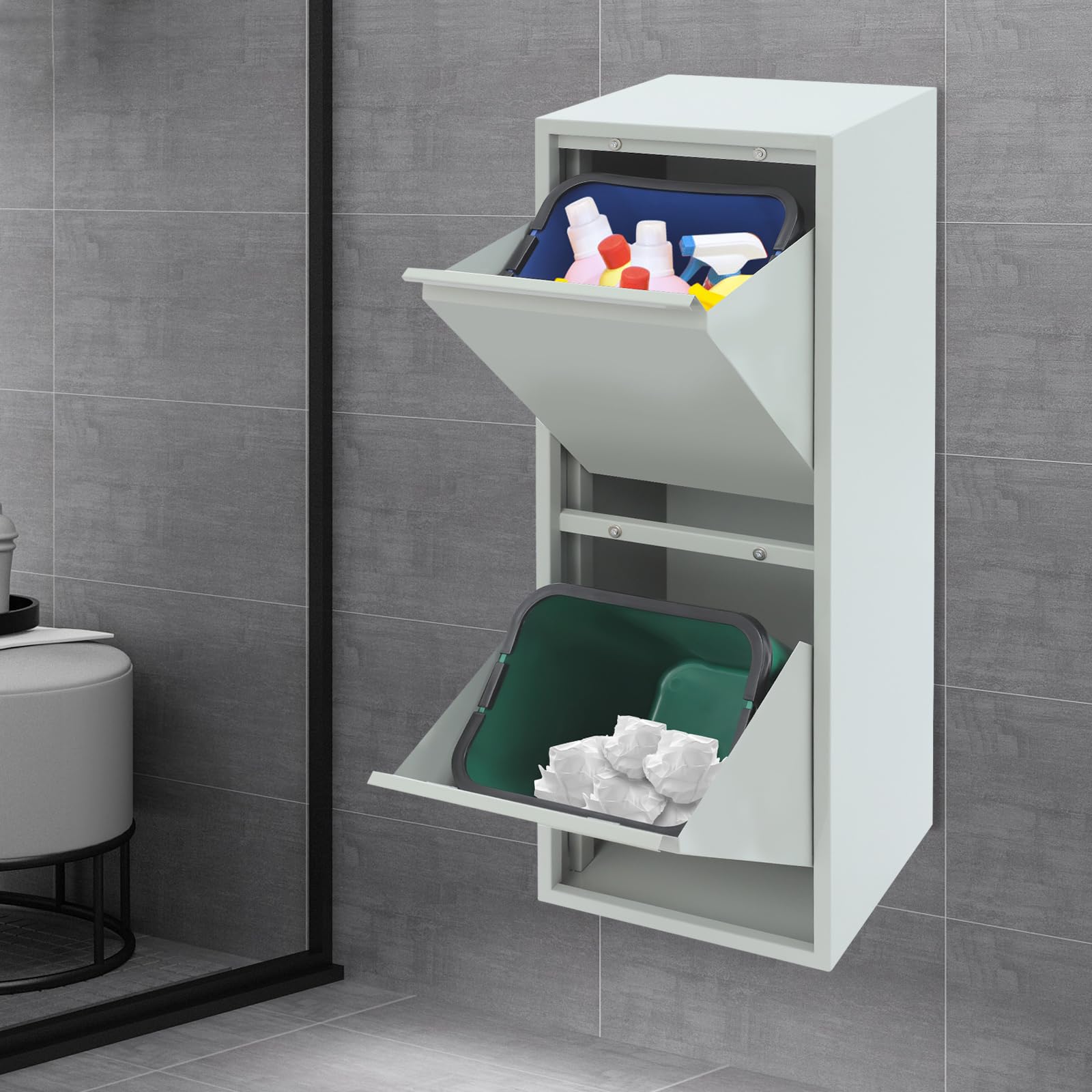 Mülleimer 2 Fächer Wandmontage Abfalleimer Mülleimer Schrank Mülltrennsystem Küchenmülleimer mit Herausnehmbarer Müllschrank für Küche, Wohnung, Büro, 33 x 25 x 92 cm (Grau)