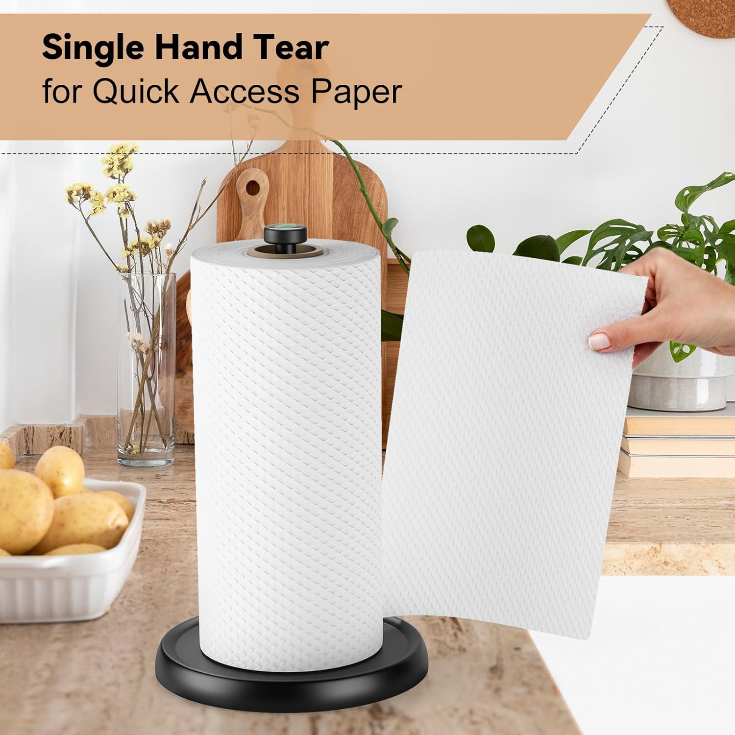 Countertop Paper Towel Holder - One-Handed Tear with Ratchet Mechanism, Weighted Base Degradable Plastic Paper Towel Stand, Black Farmhouse Kitchen Bathroom Decor Accessories