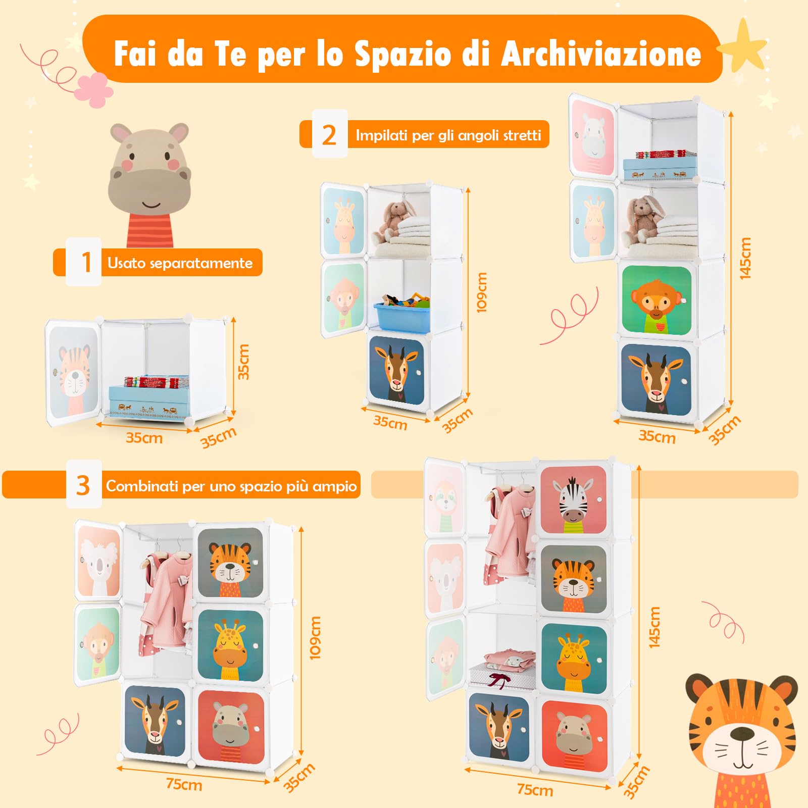 COSTWAY Guardaroba Portatile per Bambini, Armadio Guardaroba Modulare per Bambini con 8 Cubi, per Soggiorno, Camera da Letto, 75 x 35 x 145 cm (Bianco)
