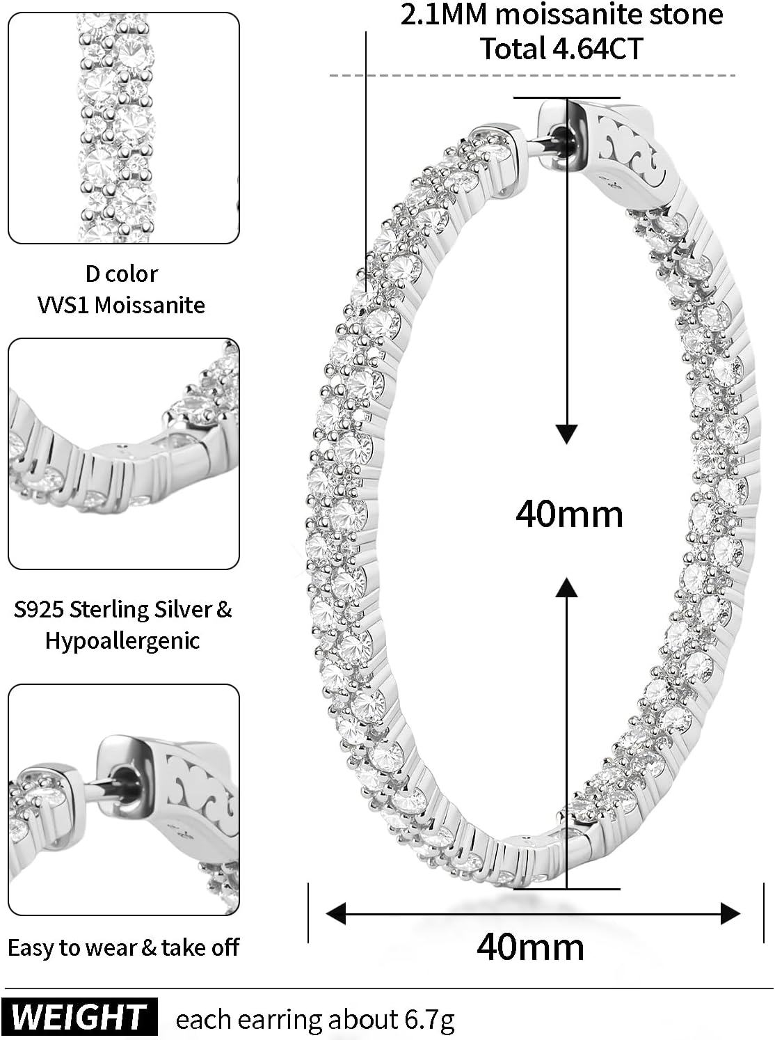RINEY&KY 40MM Moissanite Hoop Earrings for Women 18K White Gold Plated Large Diamond Hoops Round Inside-out 2Rows Thin Lightweight Big Moissanite Earrings Hoop 4.64CT VVS1 D Certified
