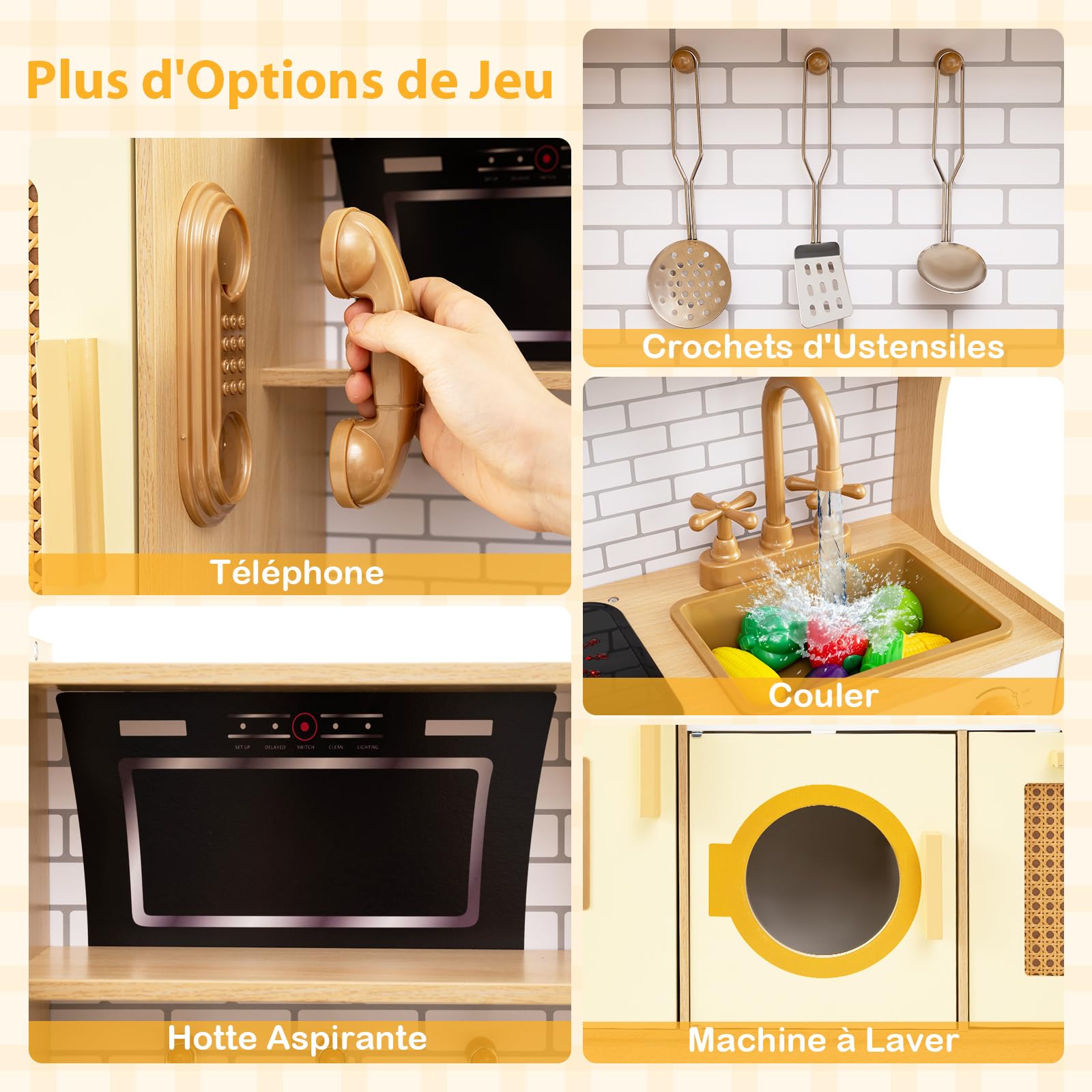 COSTWAY Cuisine Enfants avec Cafetière & Micro-Ondes, Jeux de Cuisine Enfant avec 14 Accessoires & Machine à Laver, Armoires de Rangement avec Porte, Jouet d'Imitation pour Tout-Petit de 3 Ans