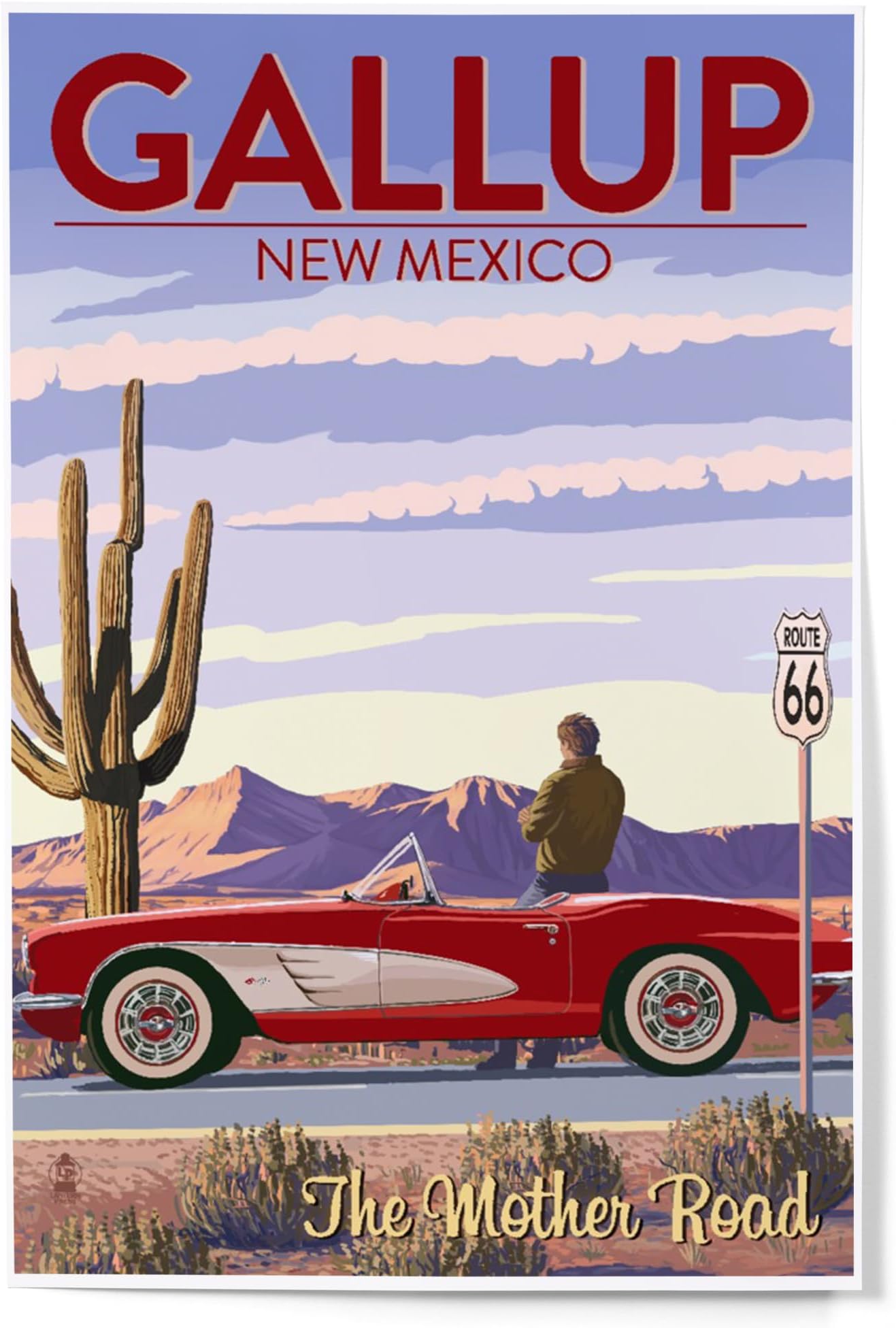 Lantern Press 12x18 Inch Art Print, Home Decor, Gallup, New Mexico, Route 66, Classic Car