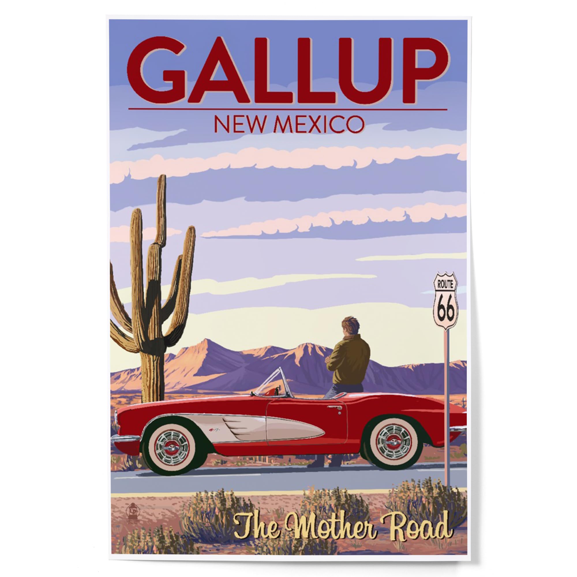Lantern Press 12x18 Inch Art Print, Home Decor, Gallup, New Mexico, Route 66, Classic Car