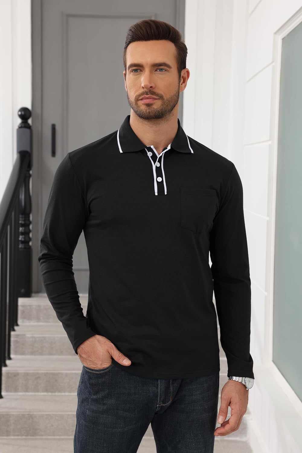 Mens Polo Shirts Long Sleeve Casual Stylish Collared Button Solid Color Golf T Shirts with Pocket - Image 2