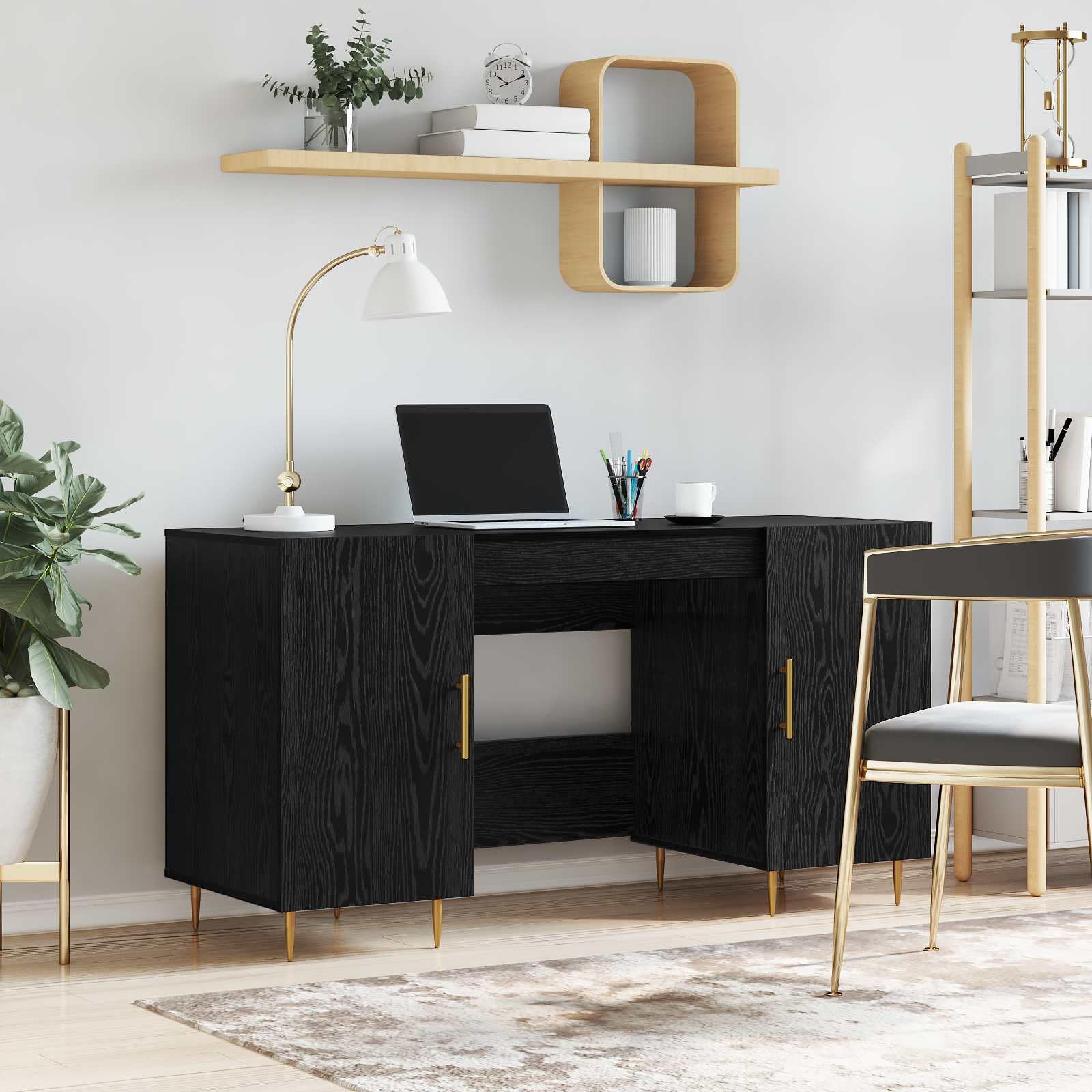 Scrivania rovere nero in legno ingegnerizzato 140 x 50 x 75 cm con ampio piano lavoro, cassetto e ripiano per ufficio, studio, smartworking e postazione computer gaming