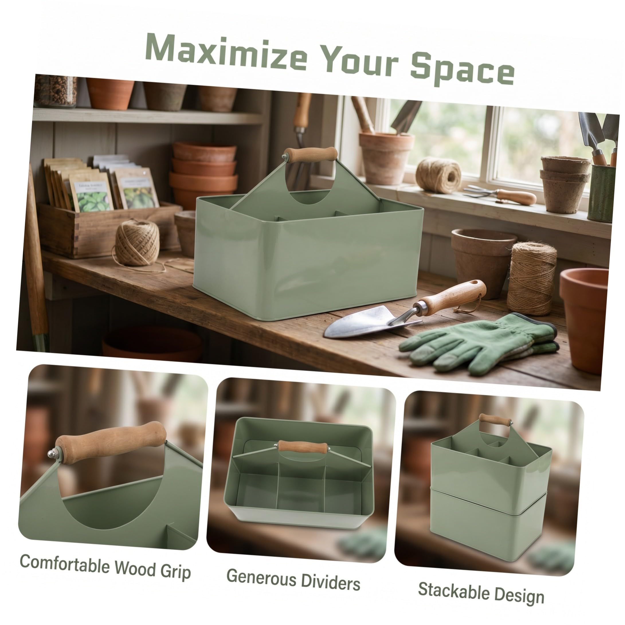 Boîte de Rangement Poignée Pratique avec 4 Compartiments en Métal Vert Surface Lisse pour Graines de Jardinage pour Balcons et Espaces Restreints