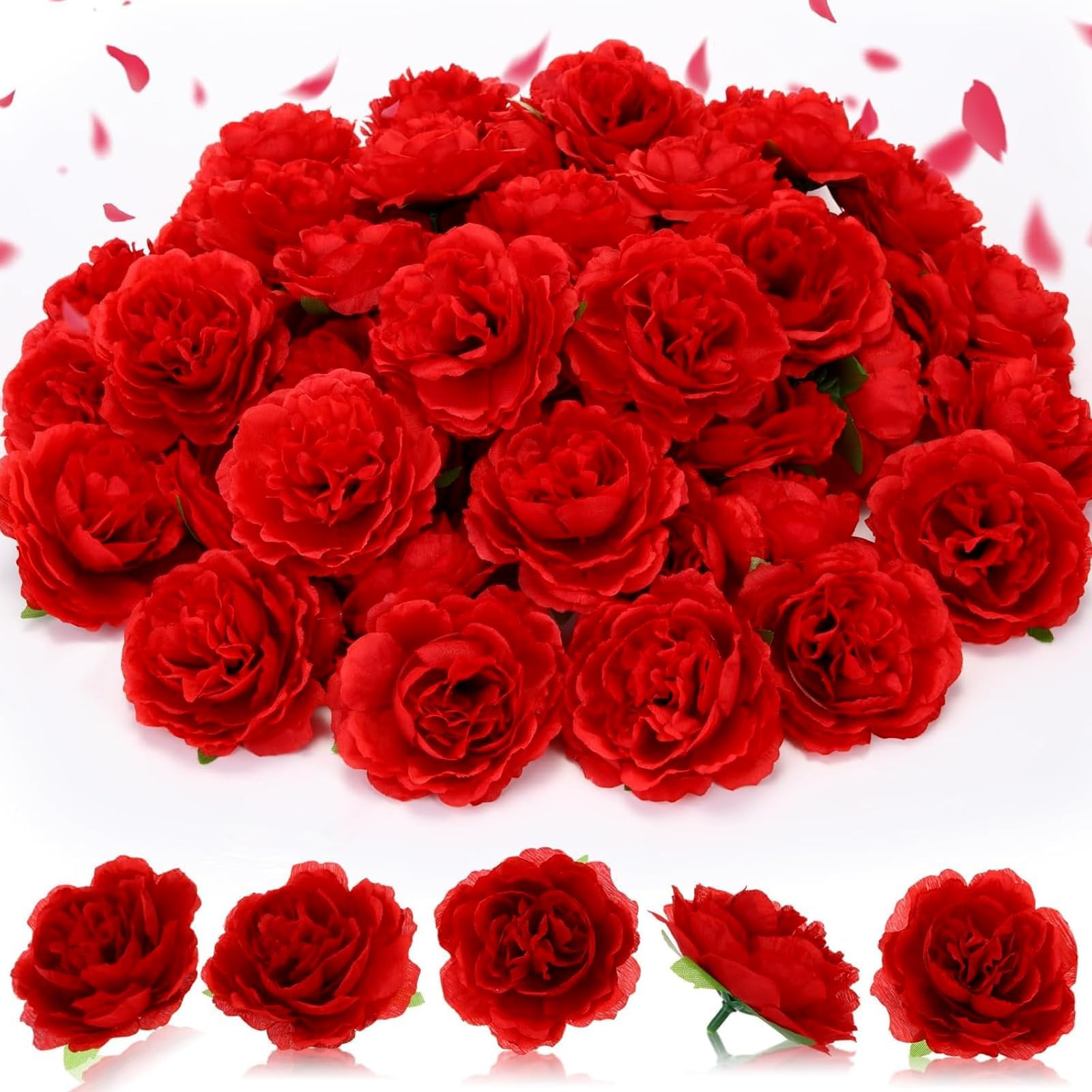 Rukoy50Pcs Red Roses Artificial Flower Heads, Fake Silk Roses for Crafts, Stemless Roses Flower for DIY Valentine's Day Wedding Party Bouquet Centerpieces Decoration, 1.8 Inch Faux Flower Heads