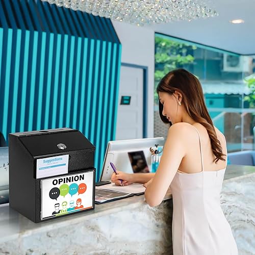 Vista 25 de xydled Urna y caja de donación montada en la pared con 50 tarjetas de sugerencia, caja de sugerencias de metal con cerradura de llave, caja