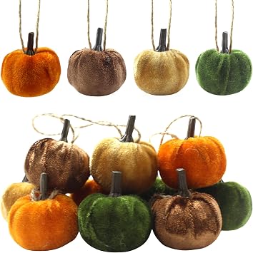 Fall Tree Ornaments Hanging Pumpkins, 12Pcs Velvet Pumpkins Thanksgiving Tree Decorations and Ornaments, 1.7" Mini Fabric Pumpkin Fall Decor for Thanksgiving Halloween Christmas 12 Pcs