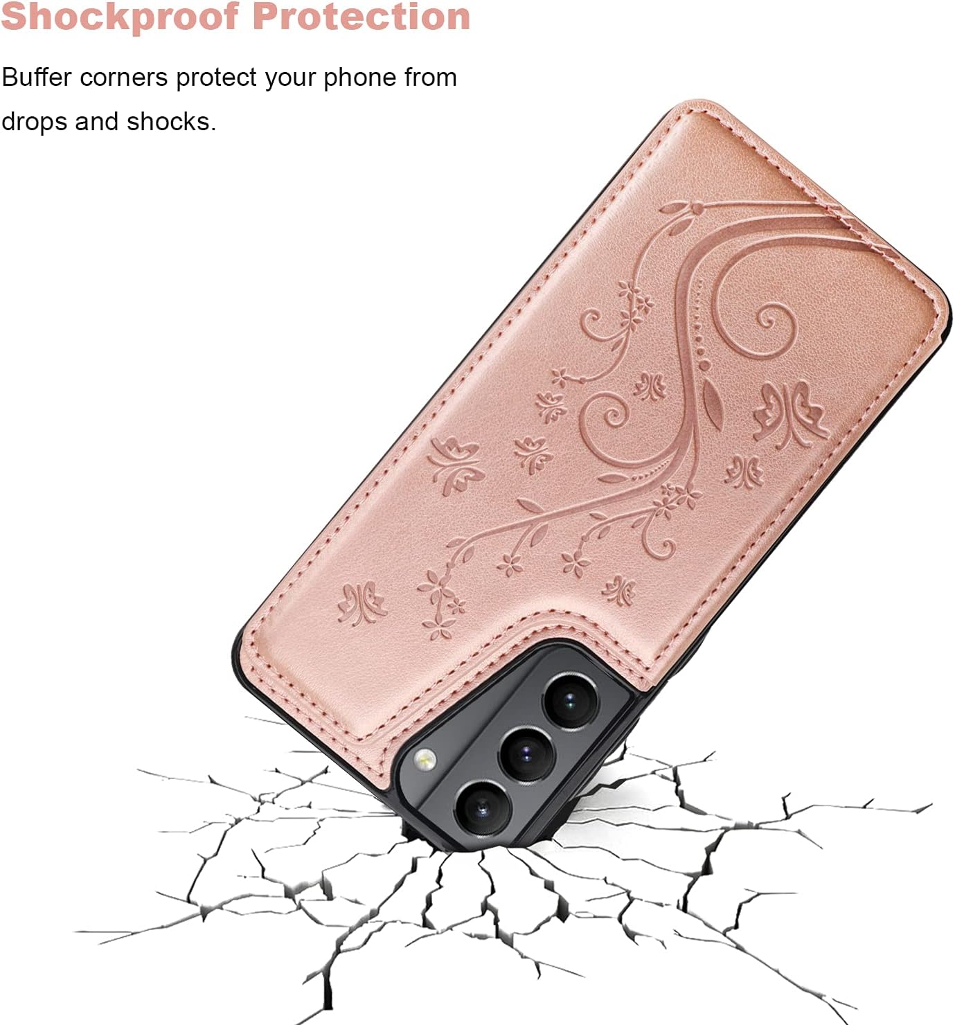 Vaburs for Galaxy S21 Wallet Case with Card Holder, Embossed Butterfly Pattern Premium PU Leather Double Magnetic Buttons Flip Shockproof Case for Samsung Galaxy S21(6.2",Rose Gold)