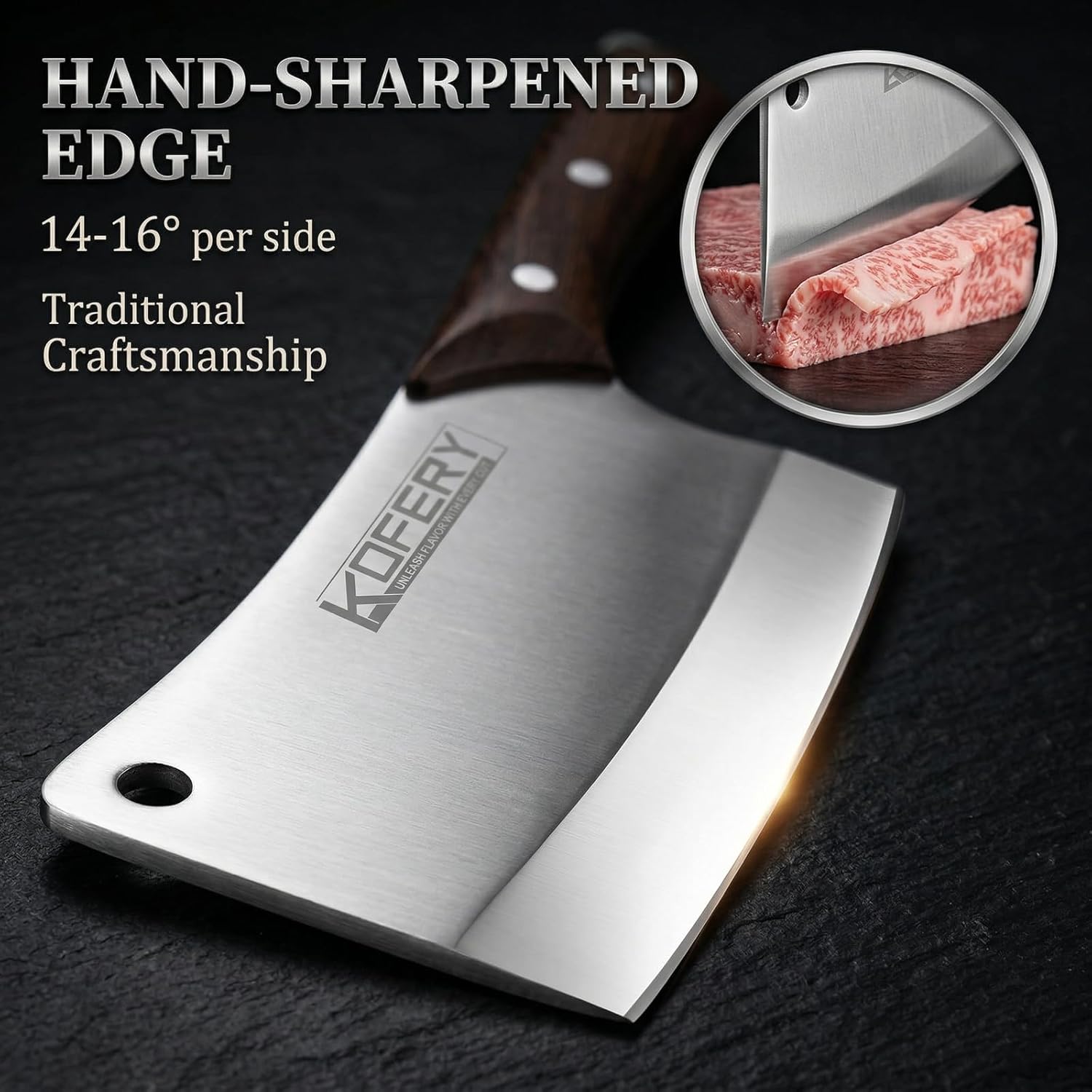 KOFERY 7 Inch Professional Meat Cleaver - Heavy Duty Bone Chopper, Butcher Knife for Meat and Bone Cutting, High Carbon Steel Chinese Cleaver with Wooden Handle