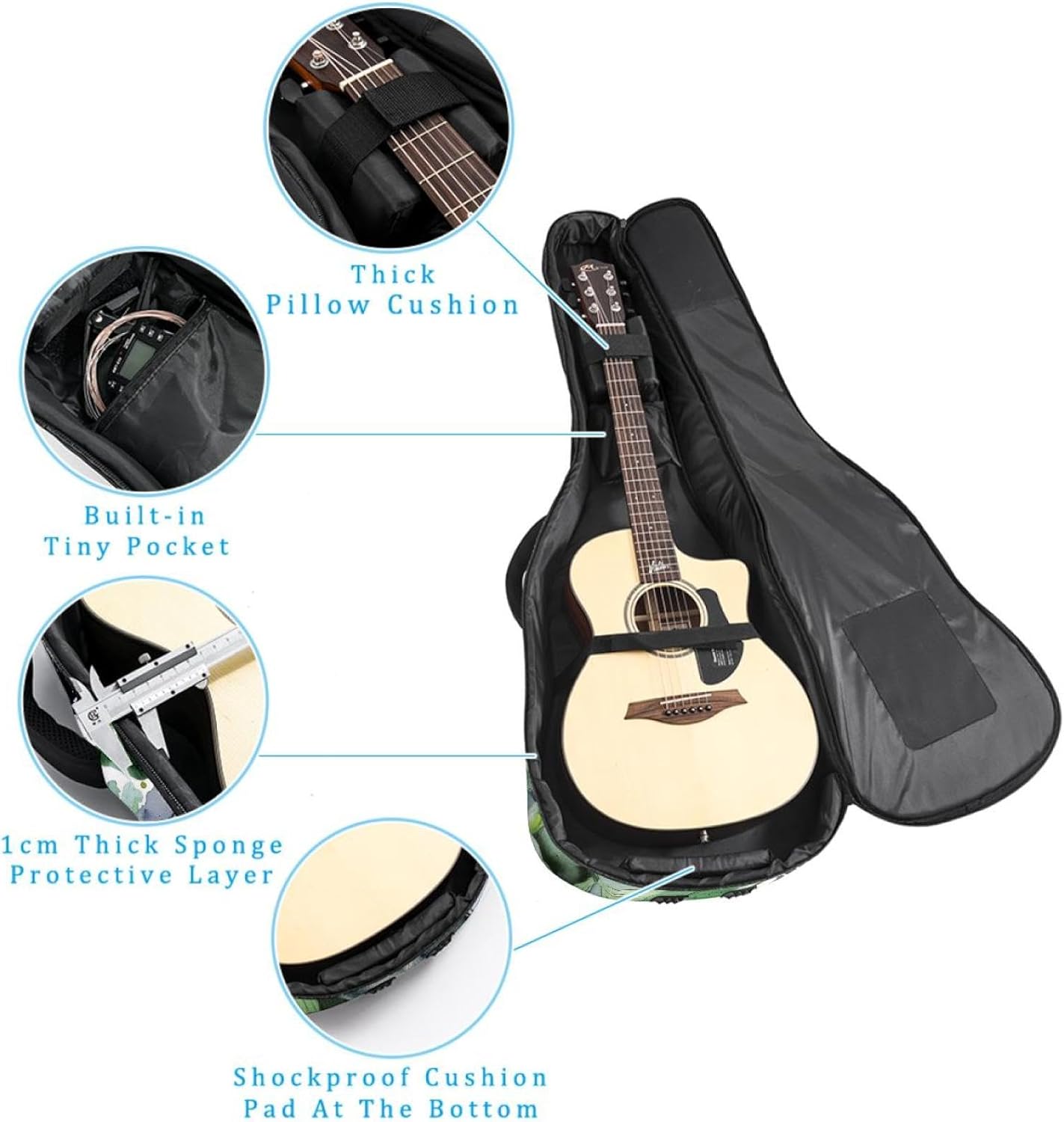 Acoustic Guitar Gig Bag 1 cm Thick Padding, Waterproof Electric Guitar Bag 40-42 Inch Guitar Case Backpack with Dual Shoulder Strap, Watercolor Green Branch with Black Fruit